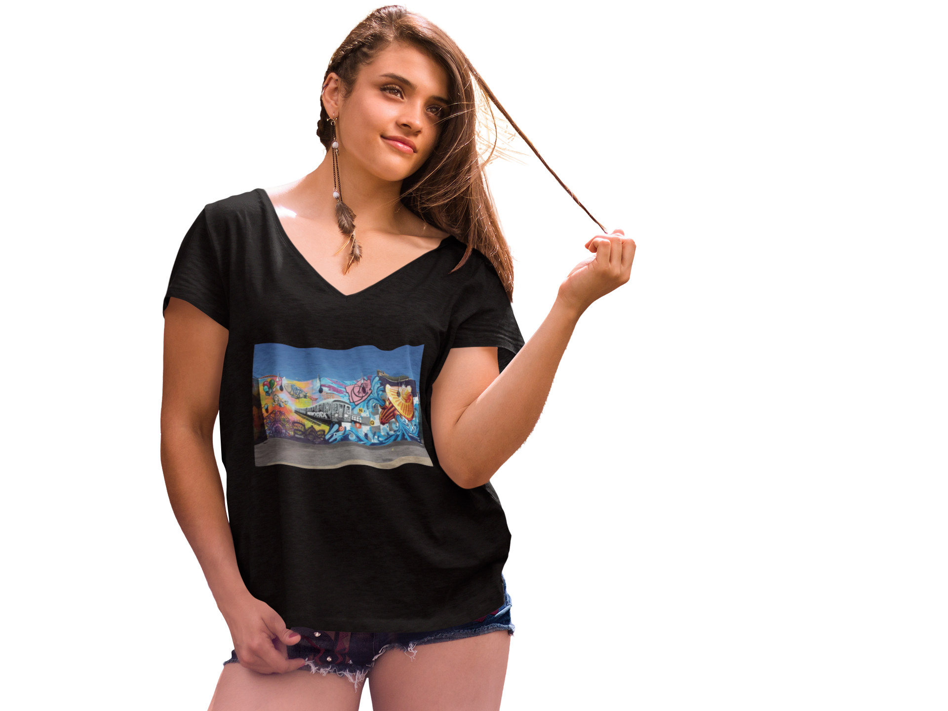 Street Art Mural V-Neck Tee – Colorful Urban Graffiti Print product thumbnail image Street Art Mural V-Neck Tee – Colorful Urban Graffiti Print product thumbnail image