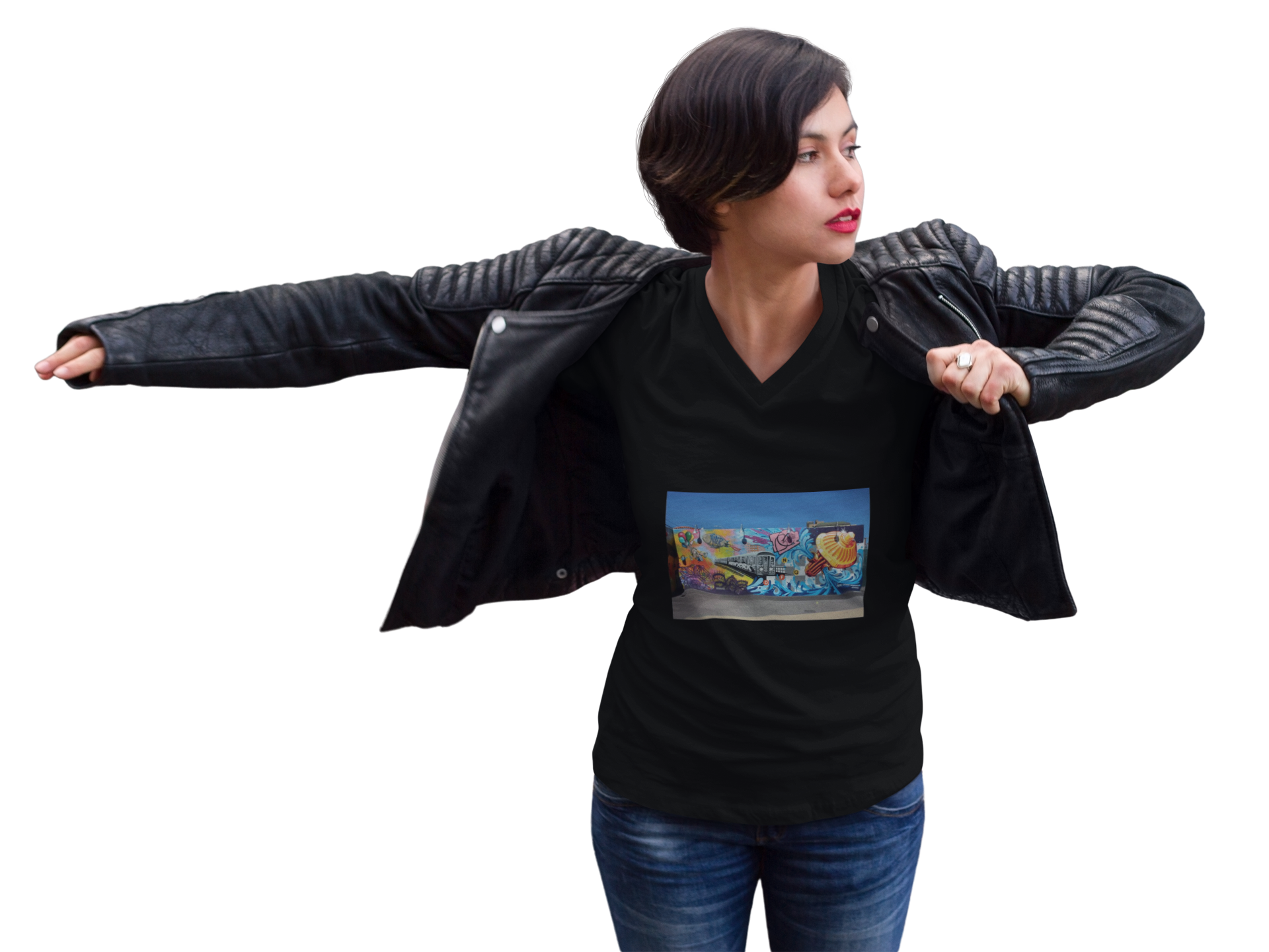 Street Art Mural V-Neck Tee – Colorful Urban Graffiti Print product thumbnail image Street Art Mural V-Neck Tee – Colorful Urban Graffiti Print product thumbnail image