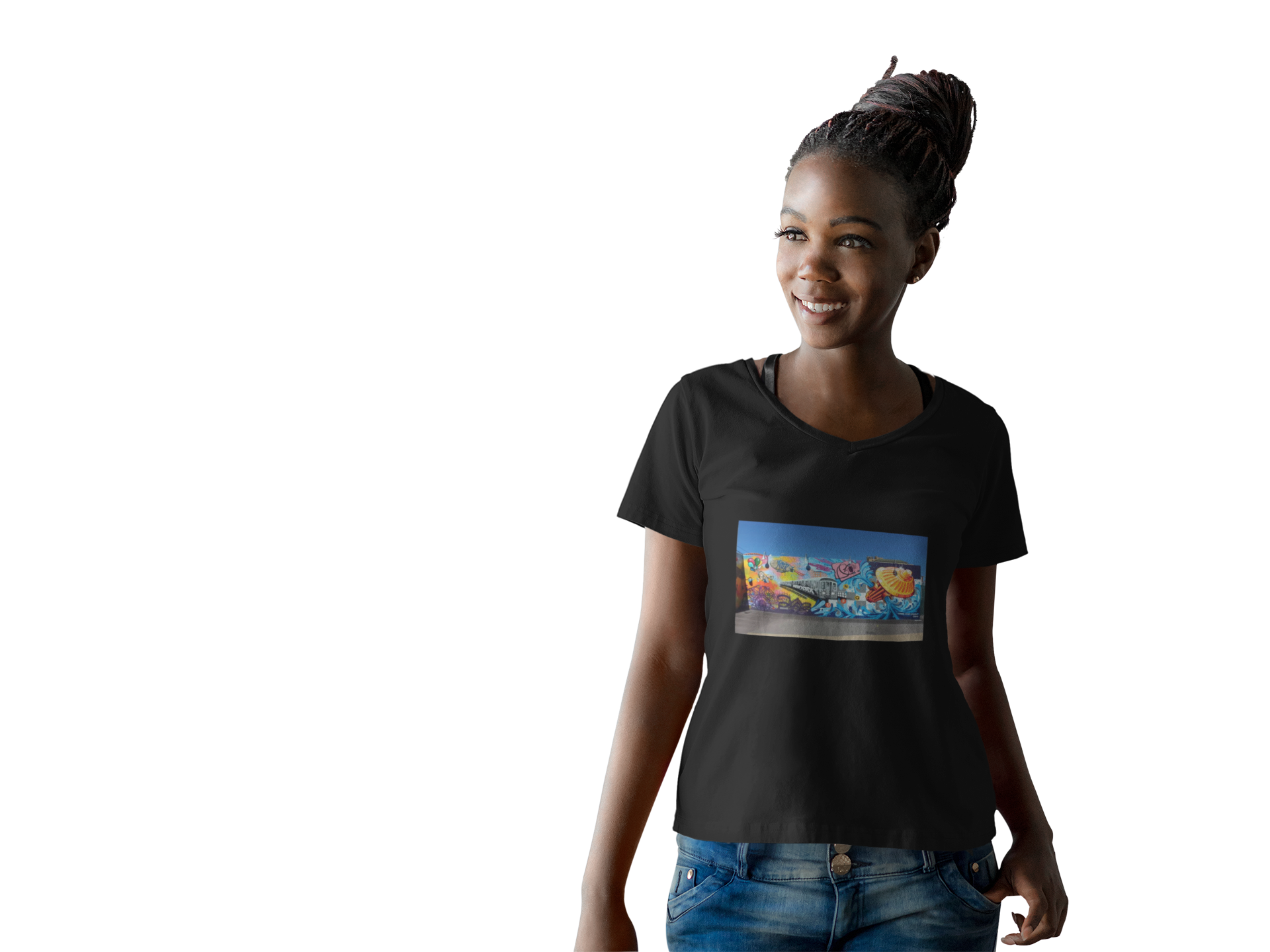 Street Art Mural V-Neck Tee – Colorful Urban Graffiti Print product thumbnail image