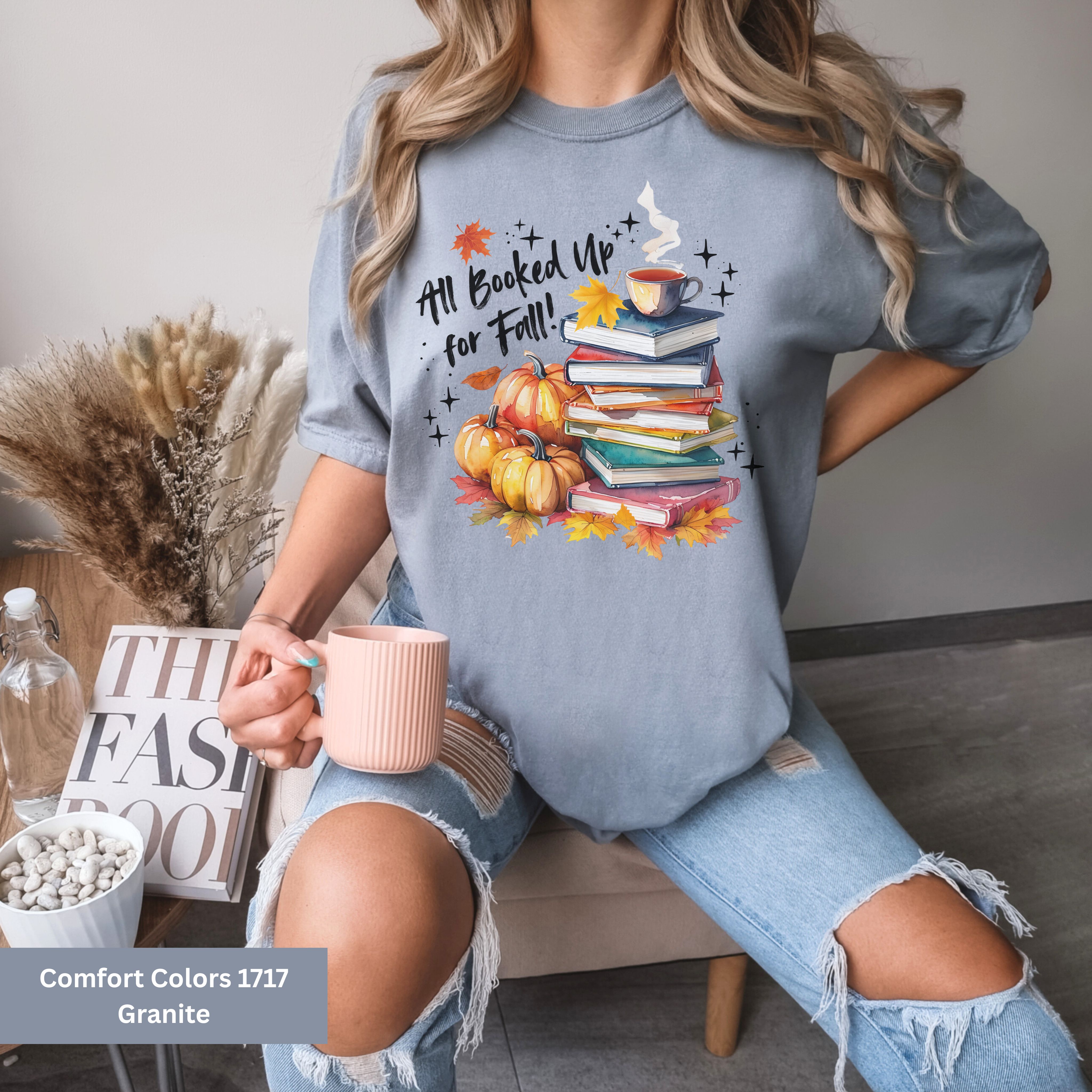 Cozy Fall themed t-shirt for readers, Book Stack with Pumpkins, All Booked Up, Gift for Her, Teachers, students Also Available in Sweatshirt and Tote product thumbnail image