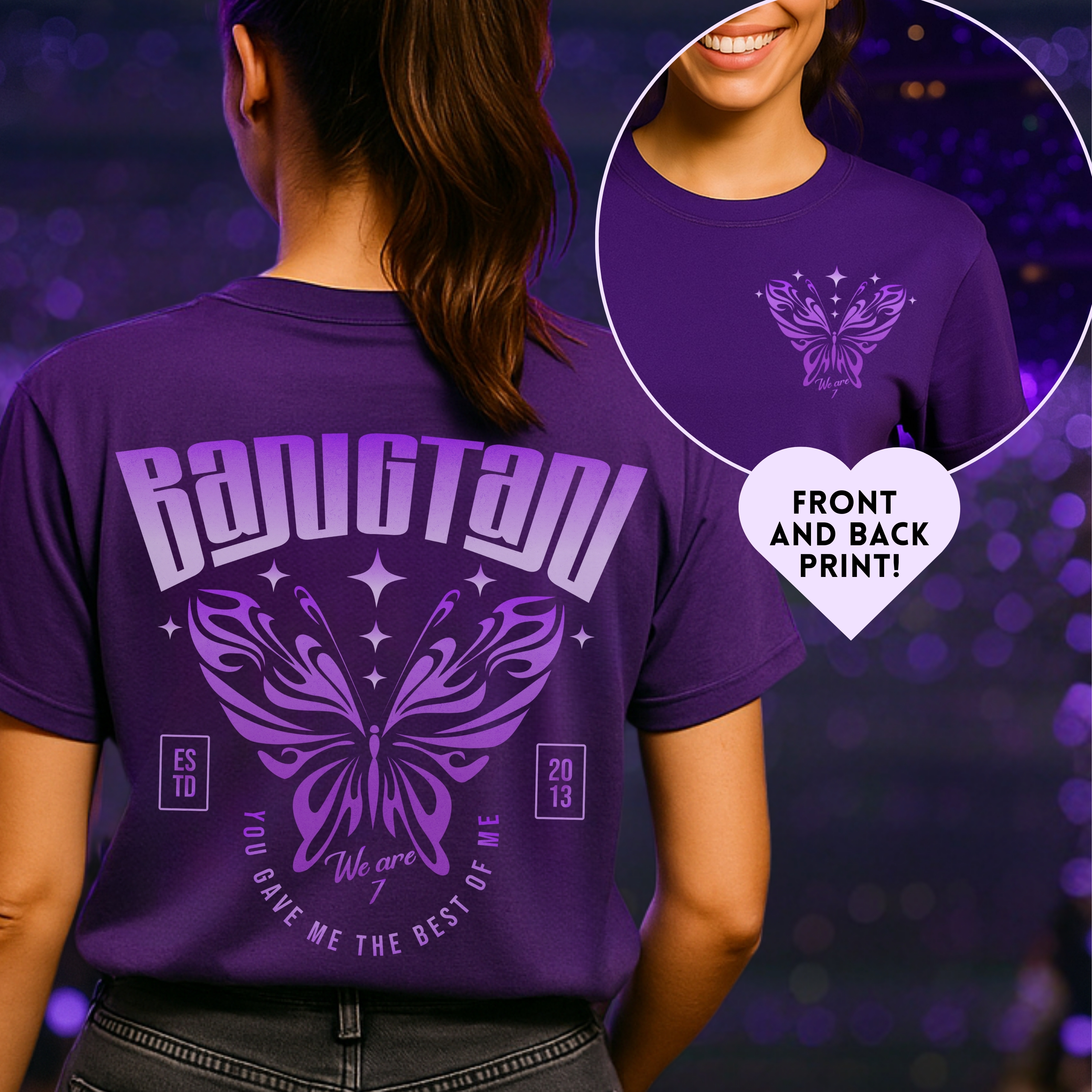 Bangtan Butterfly Unisex Tee, Printed on Front and Back product thumbnail image Bangtan Butterfly Unisex Tee, Printed on Front and Back product thumbnail image