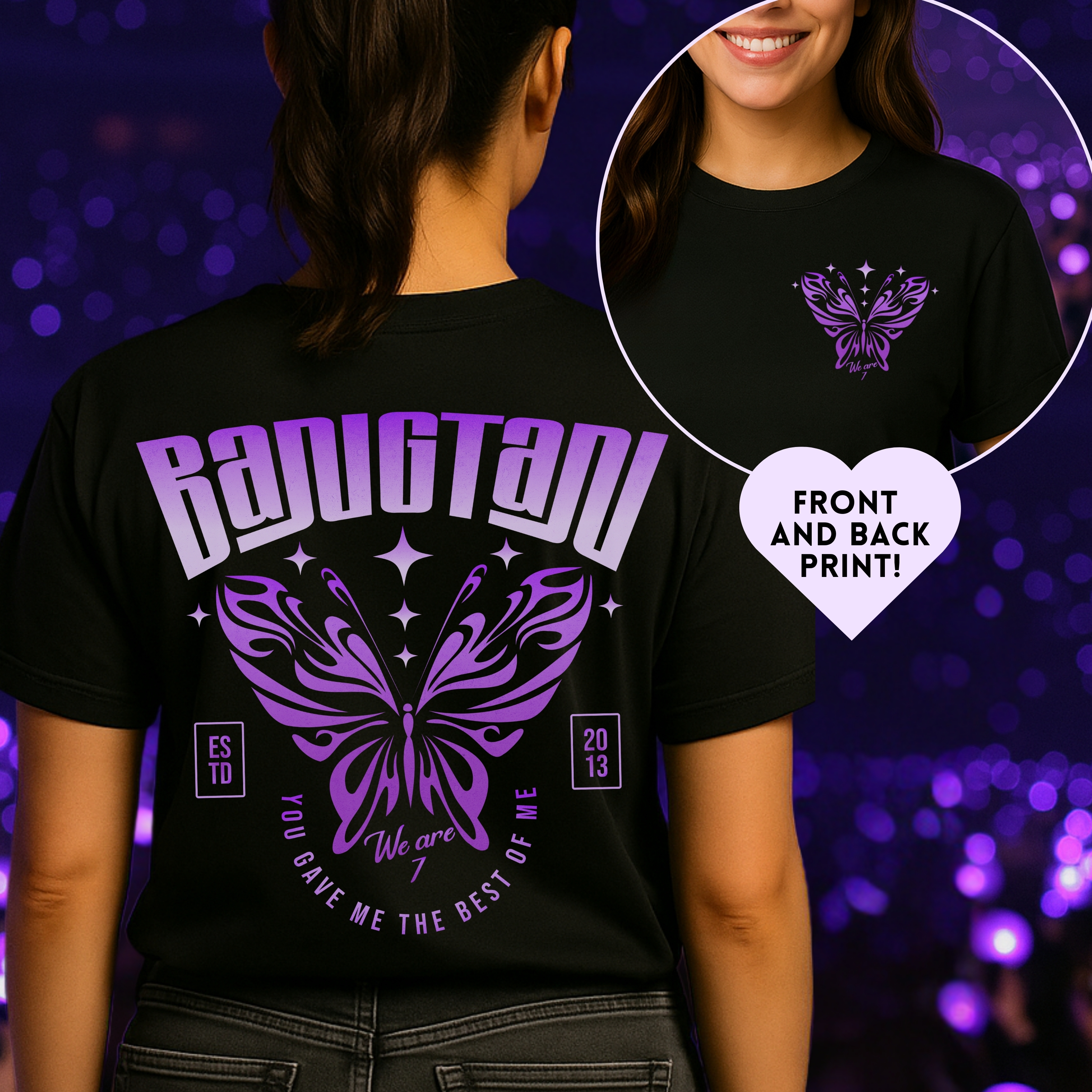 Bangtan Butterfly Unisex Tee, Printed on Front and Back product thumbnail image Bangtan Butterfly Unisex Tee, Printed on Front and Back product thumbnail image