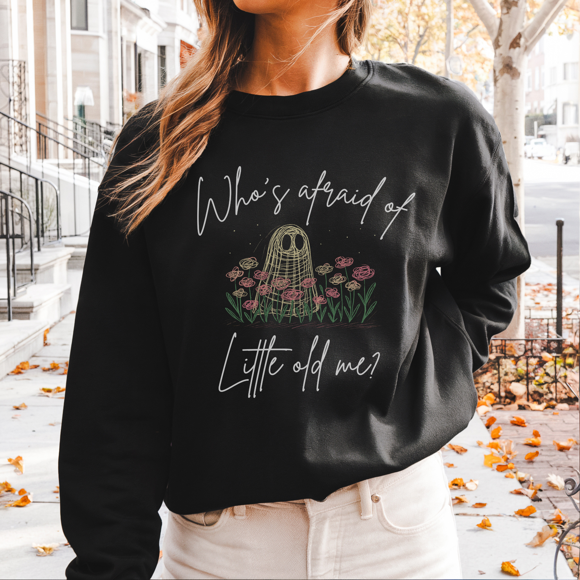 Ghost Crewneck Sweatshirt 'Who's afraid of little old me' product thumbnail image Ghost Crewneck Sweatshirt 'Who's afraid of little old me' product thumbnail image