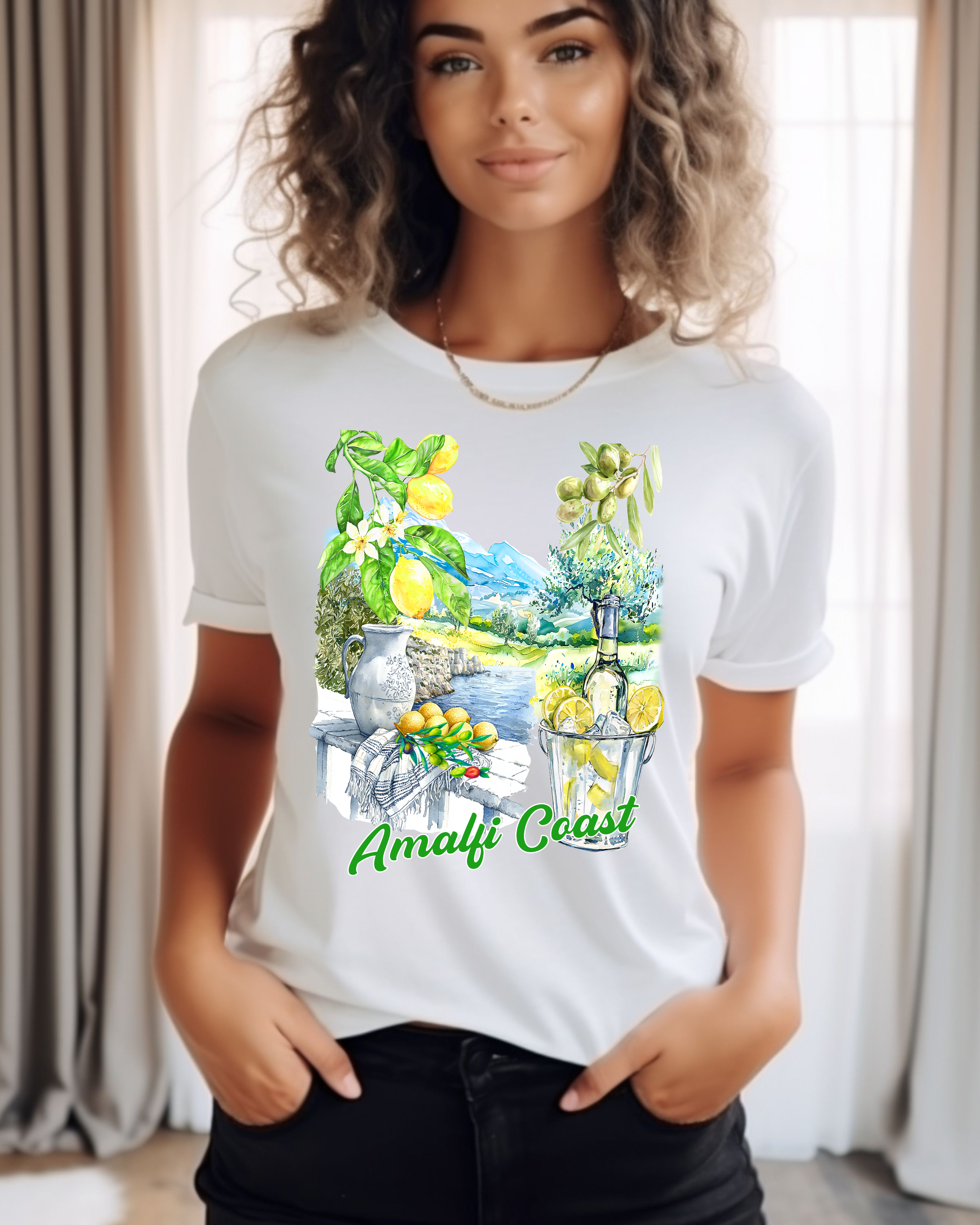 Amalfi Lemon & Olive Watercolor T-Shirt Italian Summer Limoncello Tee, Mediterranean Landscape Graphic, Coastal Vacation Top product thumbnail image Amalfi Lemon & Olive Watercolor T-Shirt Italian Summer Limoncello Tee, Mediterranean Landscape Graphic, Coastal Vacation Top product thumbnail image