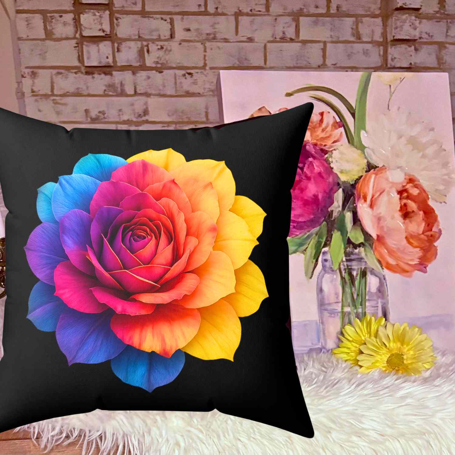 Prism Rose Decorative Pillow – Luxe Floral Art on Black Canvas, Double-Sided Accent Pillow for Modern Living Room or Bedroom" Gift for Flower Lovers, Home Accent product thumbnail image