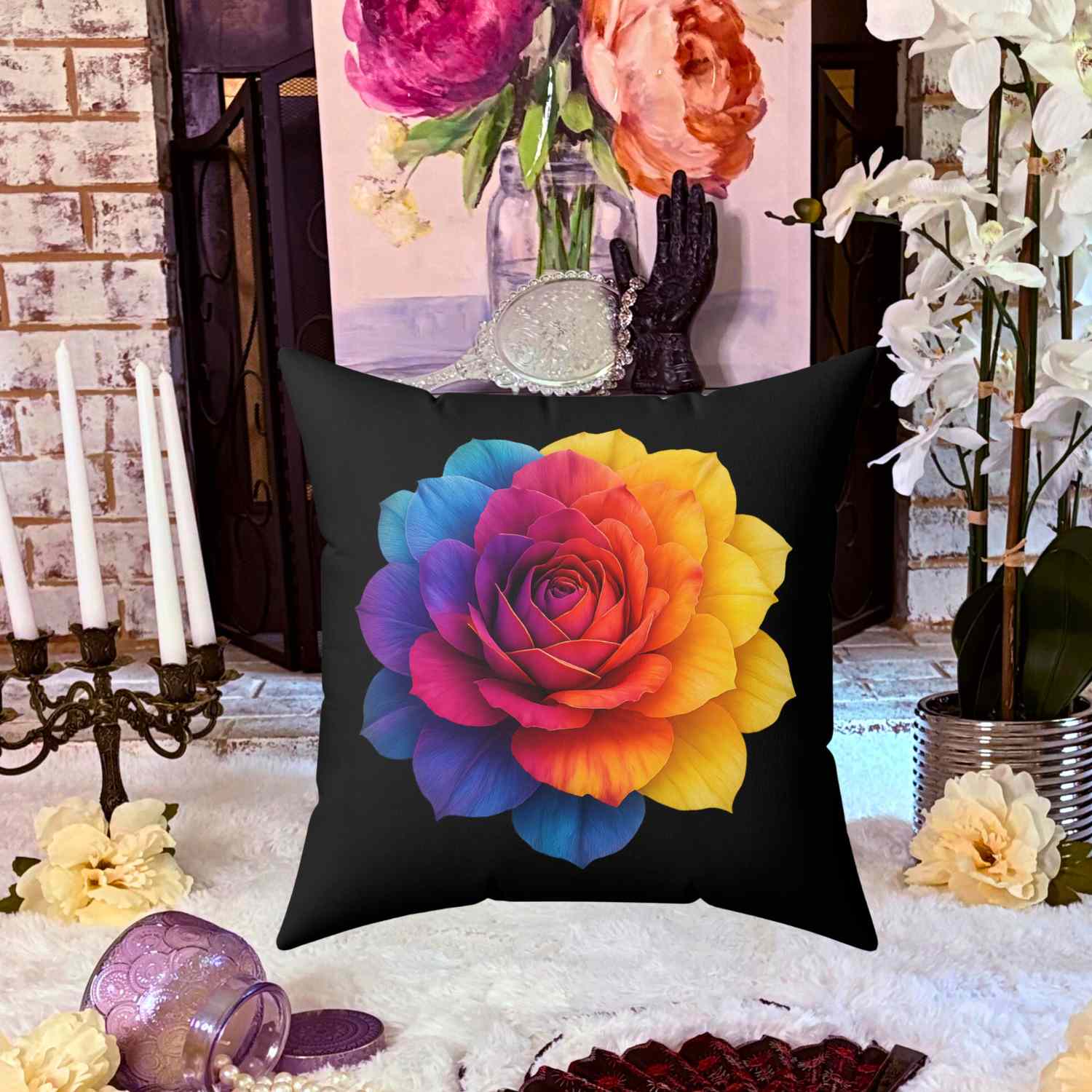 Prism Rose Decorative Pillow – Luxe Floral Art on Black Canvas, Double-Sided Accent Pillow for Modern Living Room or Bedroom" Gift for Flower Lovers, Home Accent product thumbnail image