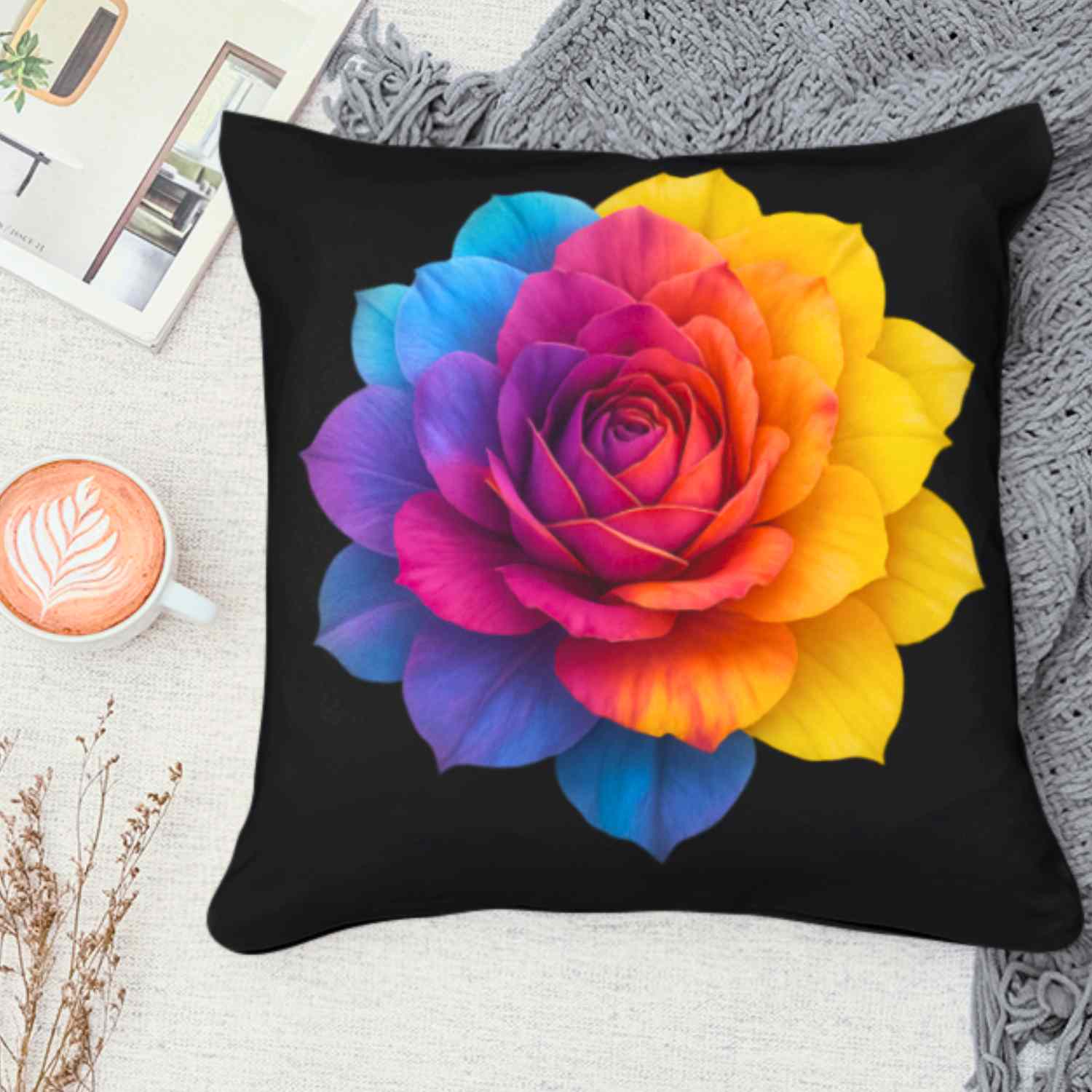 Prism Rose Decorative Pillow – Luxe Floral Art on Black Canvas, Double-Sided Accent Pillow for Modern Living Room or Bedroom" Gift for Flower Lovers, Home Accent product thumbnail image