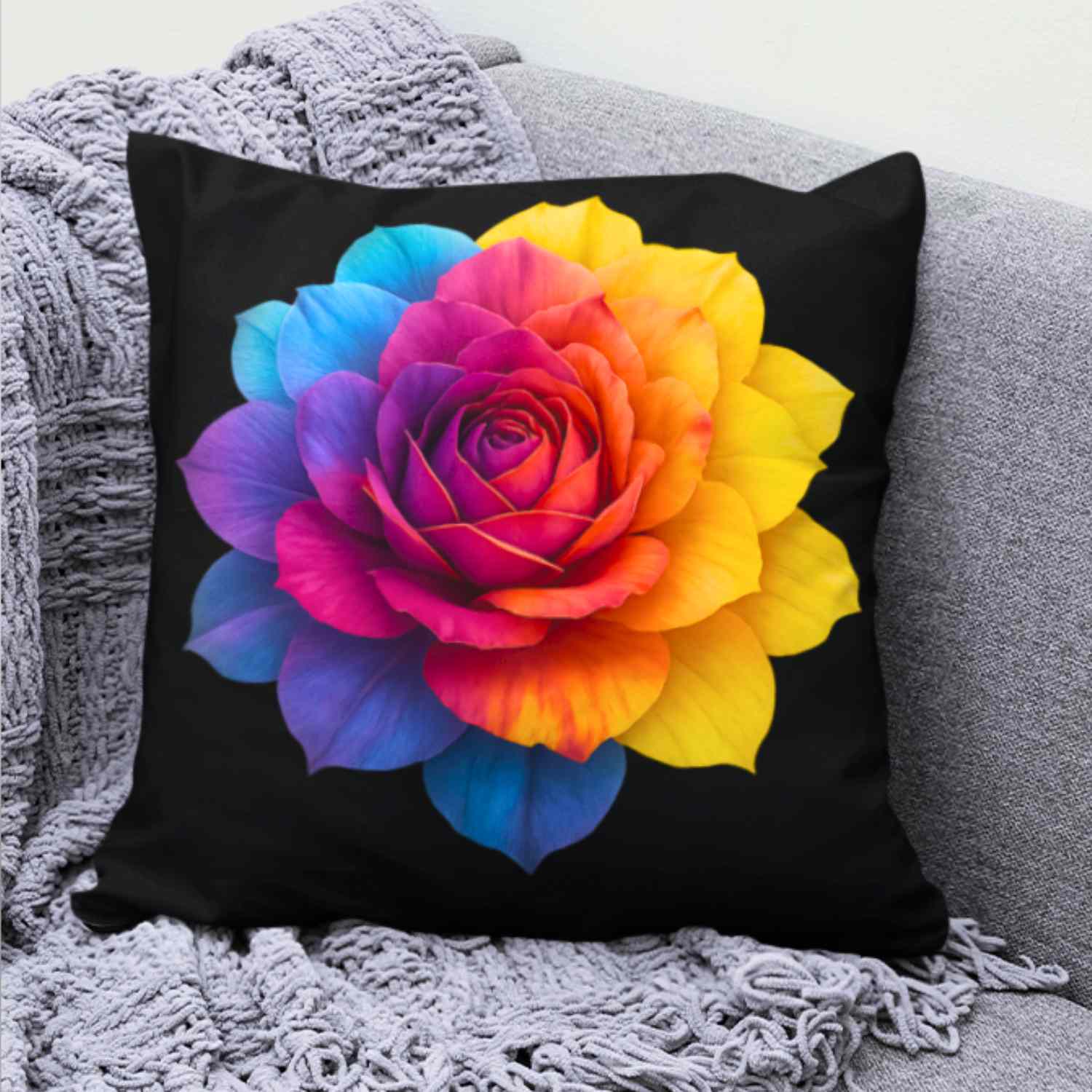 Prism Rose Decorative Pillow – Luxe Floral Art on Black Canvas, Double-Sided Accent Pillow for Modern Living Room or Bedroom" Gift for Flower Lovers, Home Accent product thumbnail image