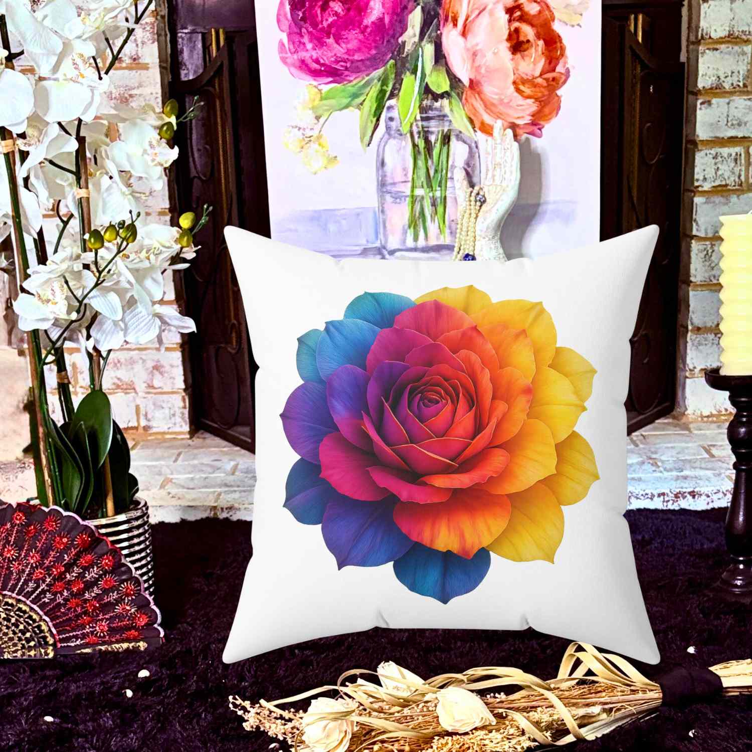 Prism Rose Floral Pillow Cover – Vibrant Rainbow Rose on White, Double-Sided, Elegant Accent Pillow for Living Room or Bedroom product thumbnail image