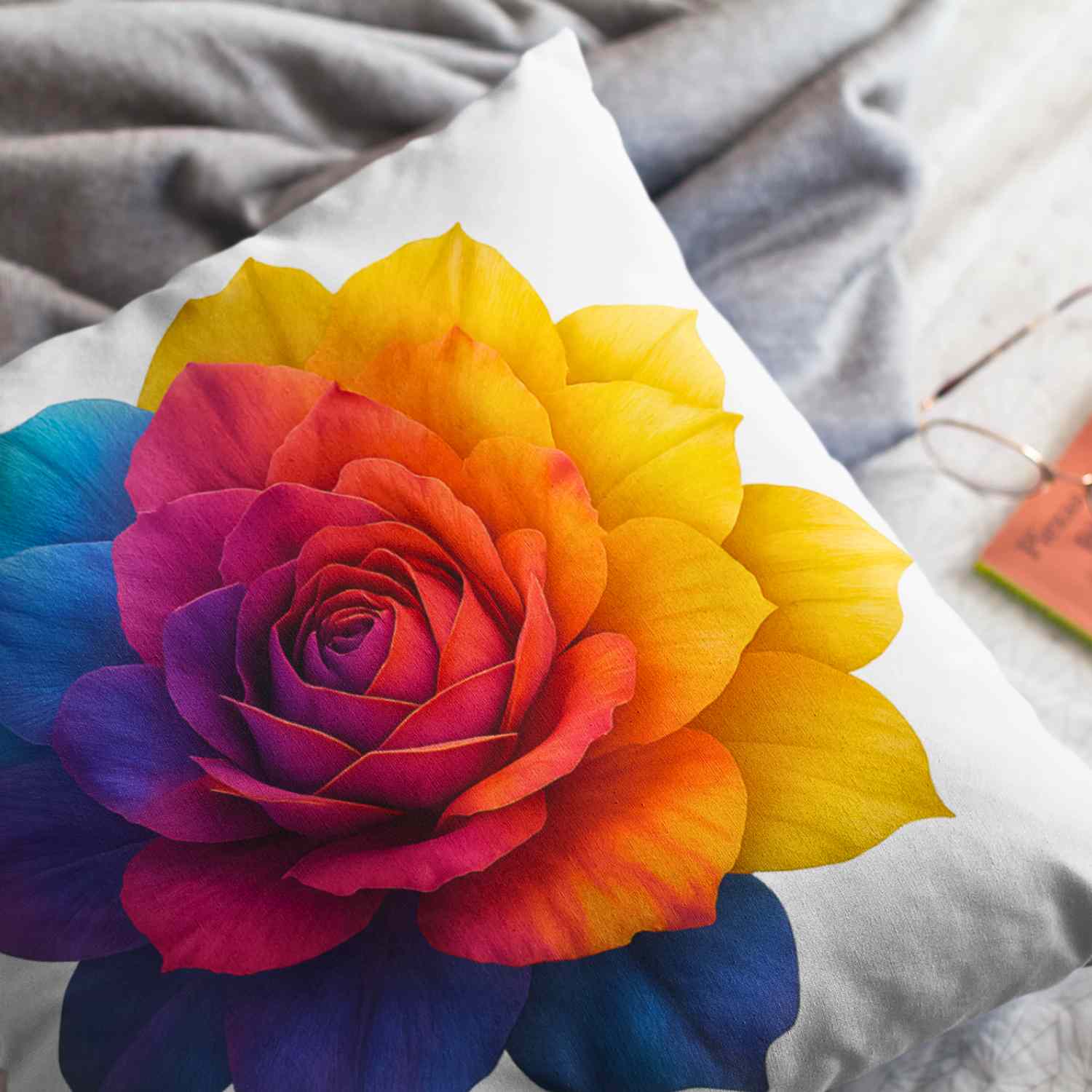 Prism Rose Floral Pillow Cover – Vibrant Rainbow Rose on White, Double-Sided, Elegant Accent Pillow for Living Room or Bedroom product thumbnail image