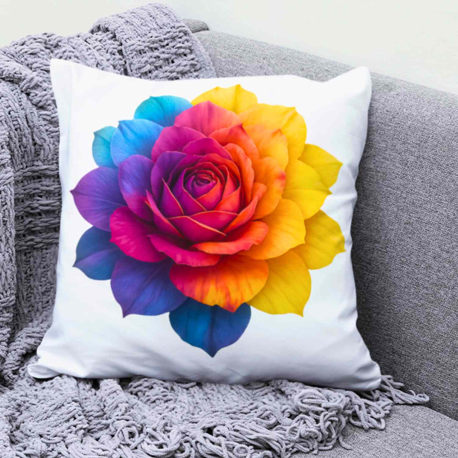 Prism Rose Floral Pillow Cover – Vibrant Rainbow Rose on White, Double-Sided, Elegant Accent Pillow for Living Room or Bedroom product thumbnail image