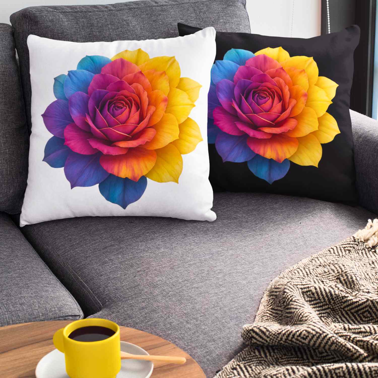 Prism Rose Floral Pillow Cover – Vibrant Rainbow Rose on White, Double-Sided, Elegant Accent Pillow for Living Room or Bedroom product thumbnail image