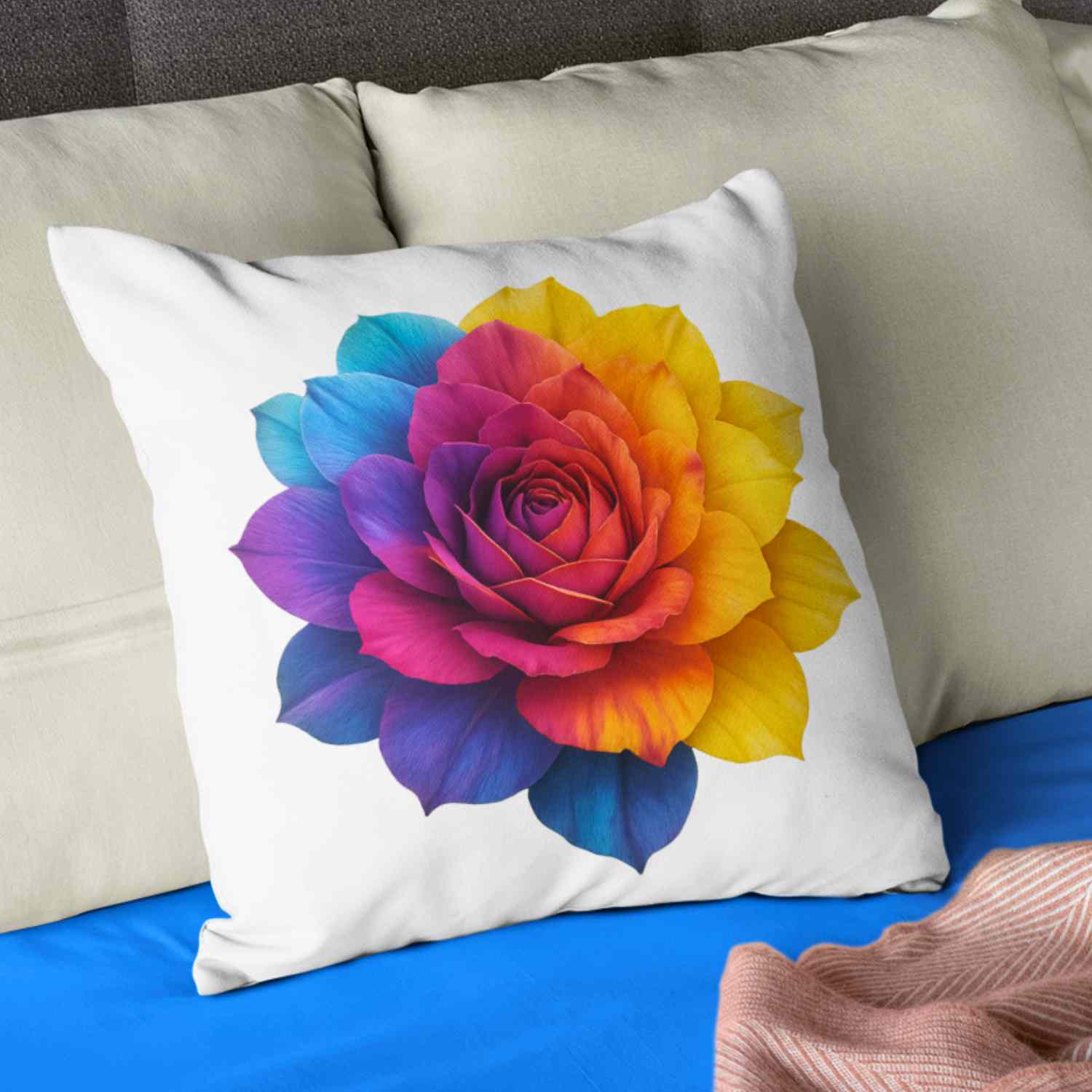 Prism Rose Floral Pillow Cover – Vibrant Rainbow Rose on White, Double-Sided, Elegant Accent Pillow for Living Room or Bedroom product thumbnail image