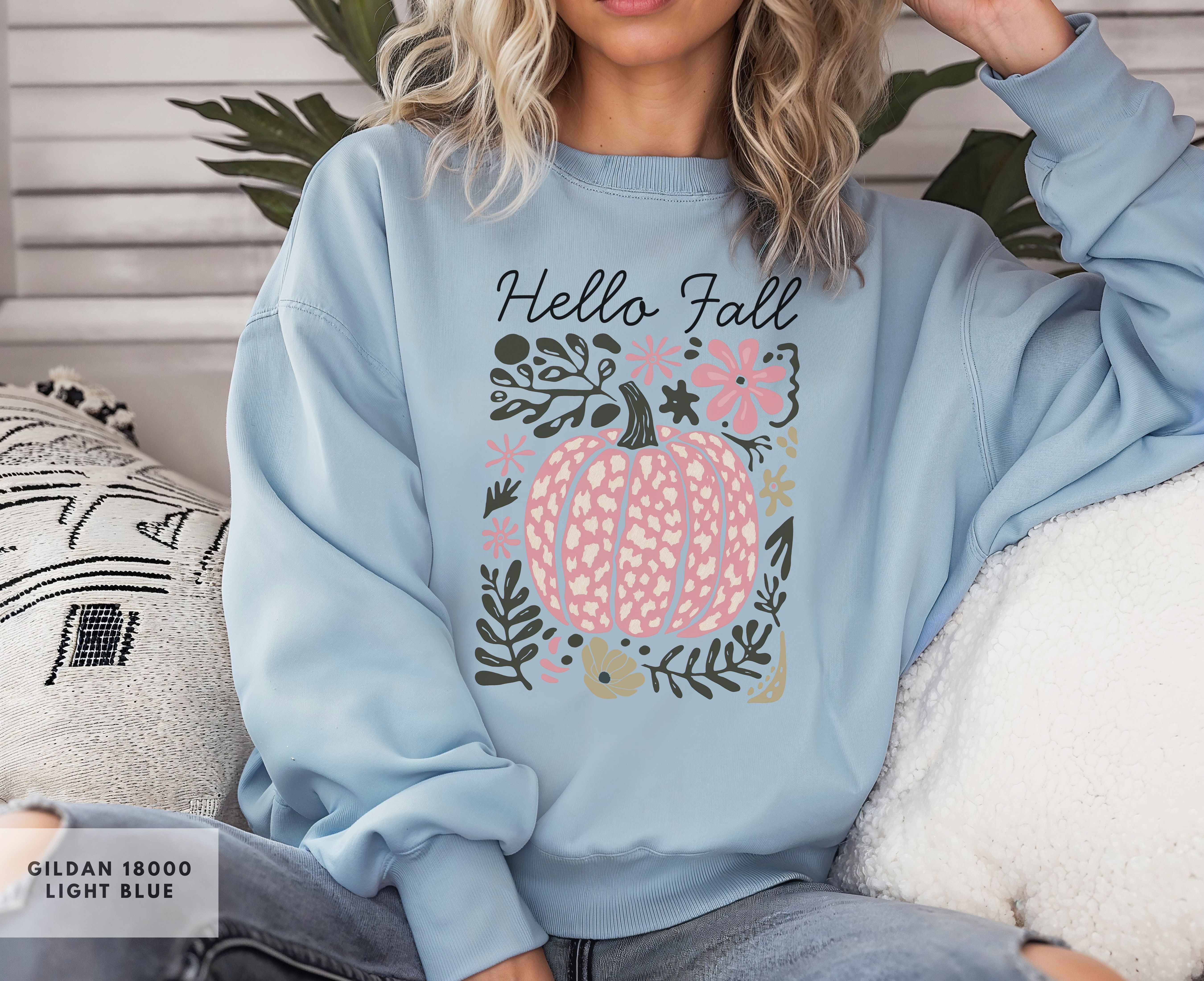 Hello Fall Pumpkin Crewneck Sweatshirt, Cozy Autumn Sweatshirt, Boho Fall Apparel, Autumn Lovers Gift, Seasonal Wardrobe Essential product thumbnail image