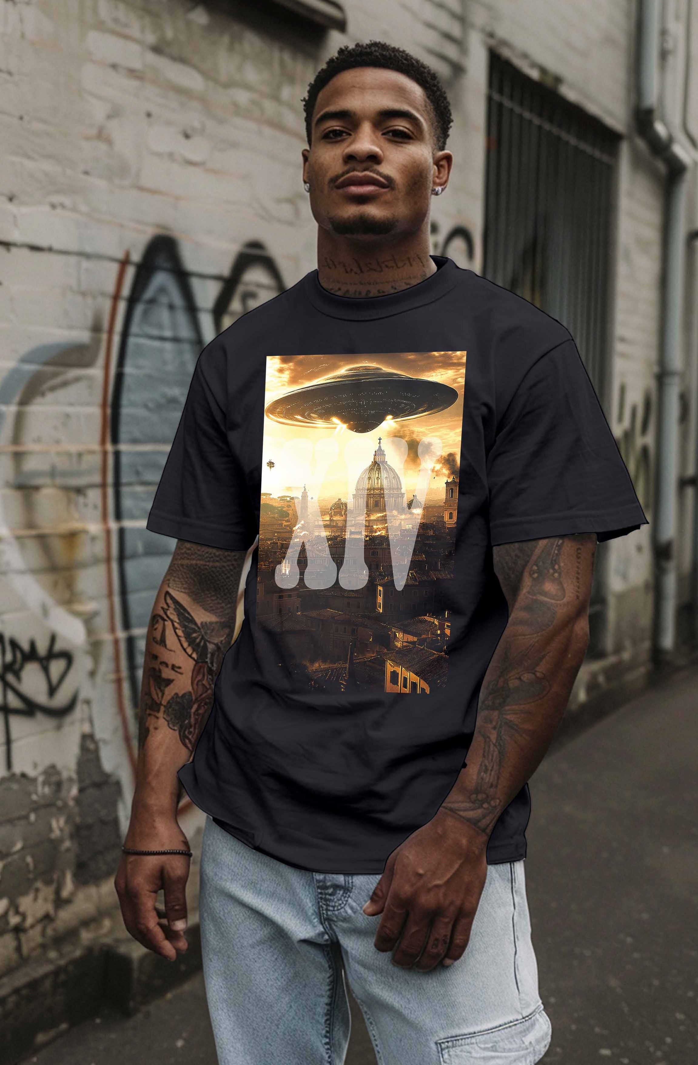 UFO Over Rome Skyline – Carbon XIV Sci-Fi Tee