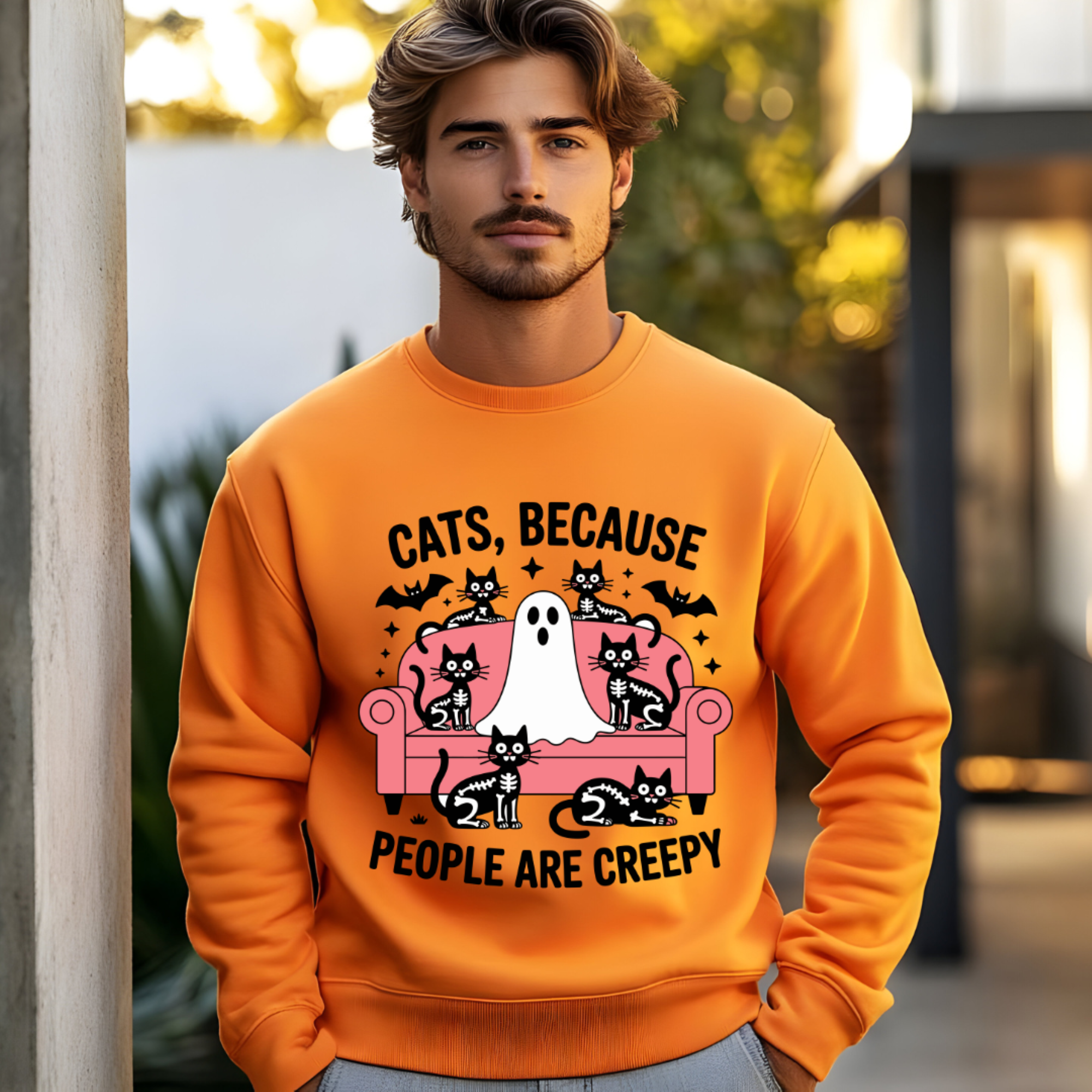 Halloween Sweatshirt, Spooky Crewneck, Cat Lover Gift, Ghost Theme Top, Unisex Fall Apparel, Cozy Haunted Sweatshirt