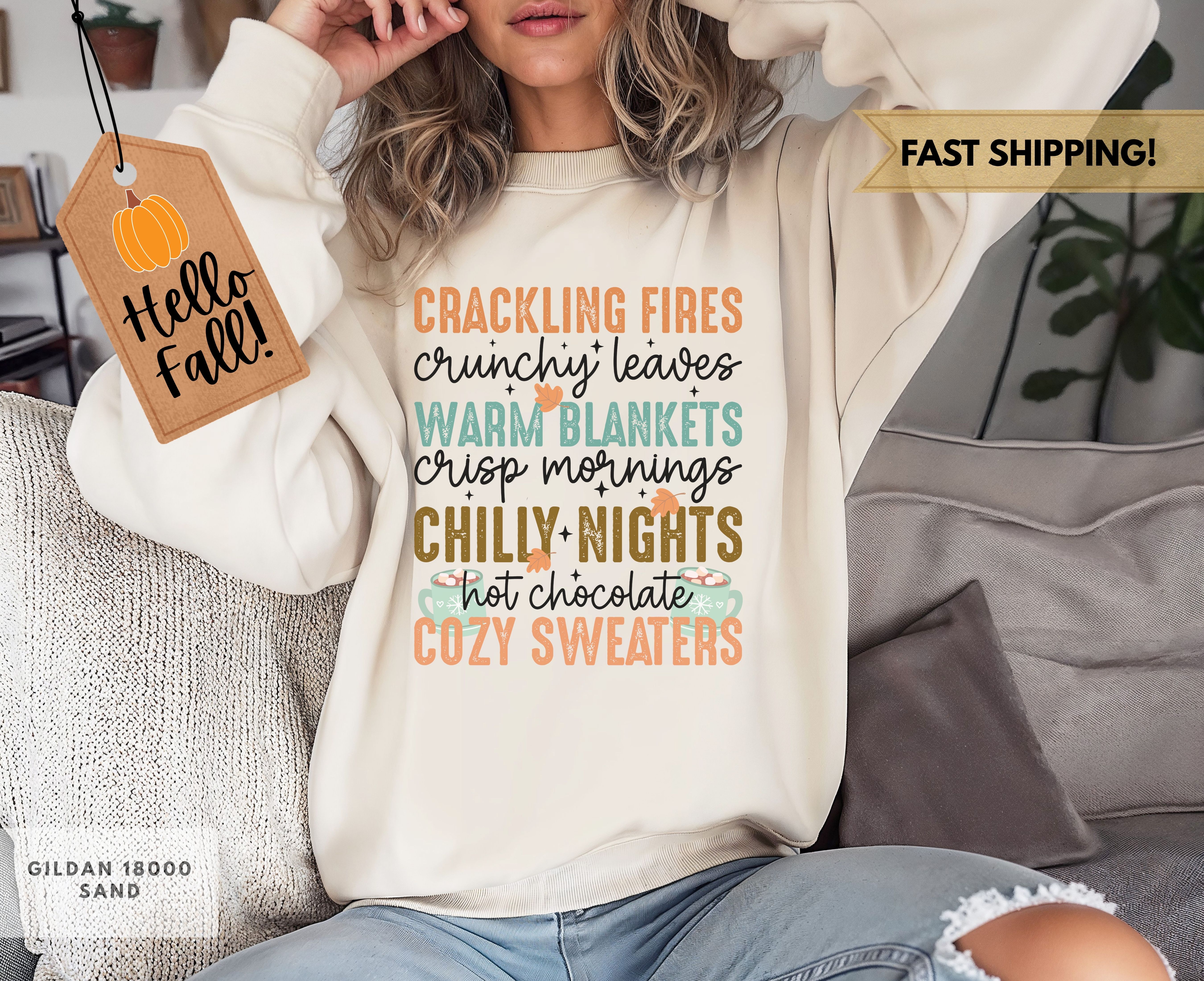 Cozy Fall Essentials Crewneck Sweatshirt, Warm Autumn Sweatshirt, List for Fall Top, Autumn Lovers Gift, Seasonal Wardrobe Essential product thumbnail image