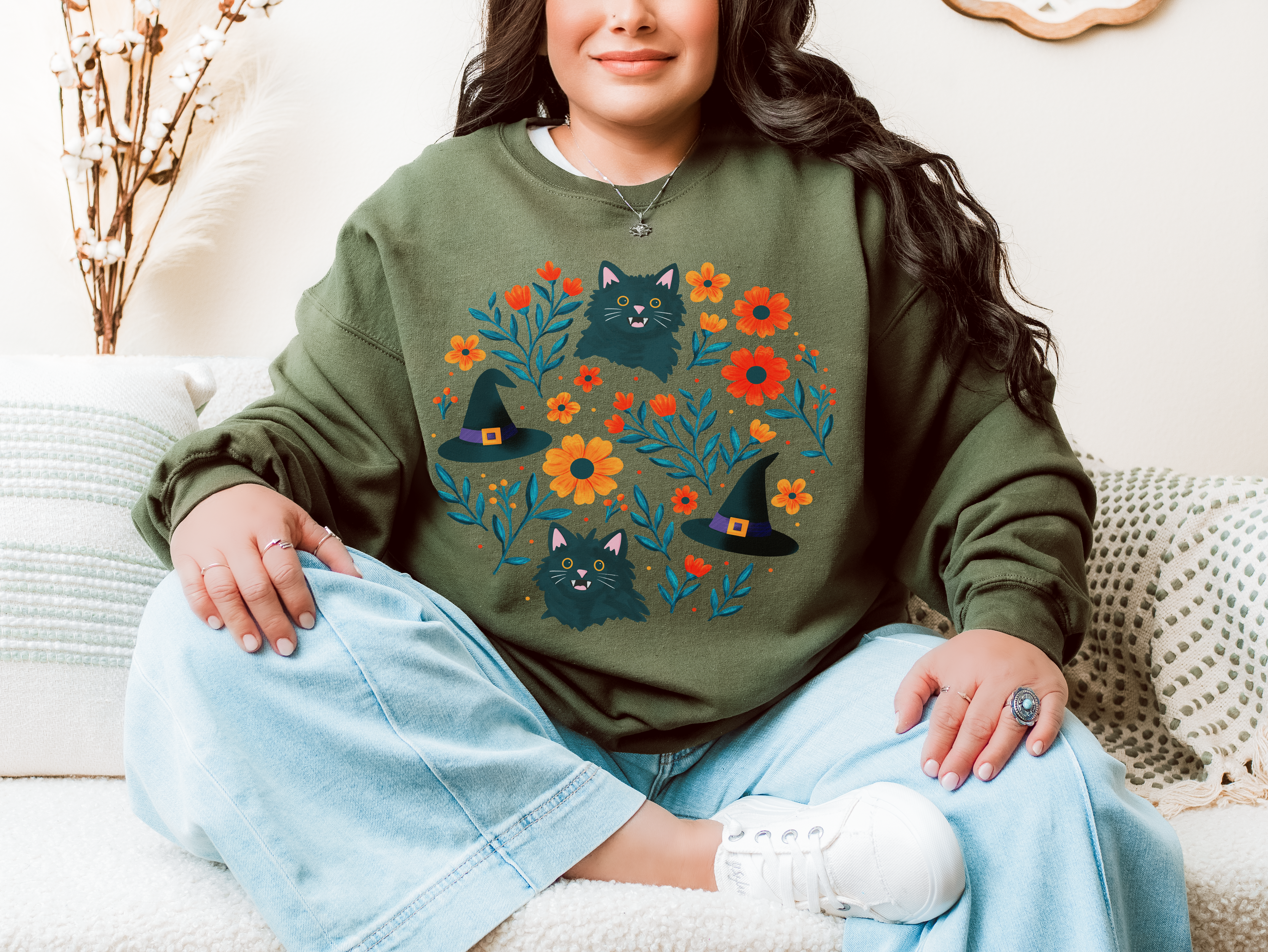 Midnight Meowgic Crewneck Sweatshirt | Boho Fashion, Fall Style, Casual Wear, Unique Gifts for Her, Trendy Sweatshirt