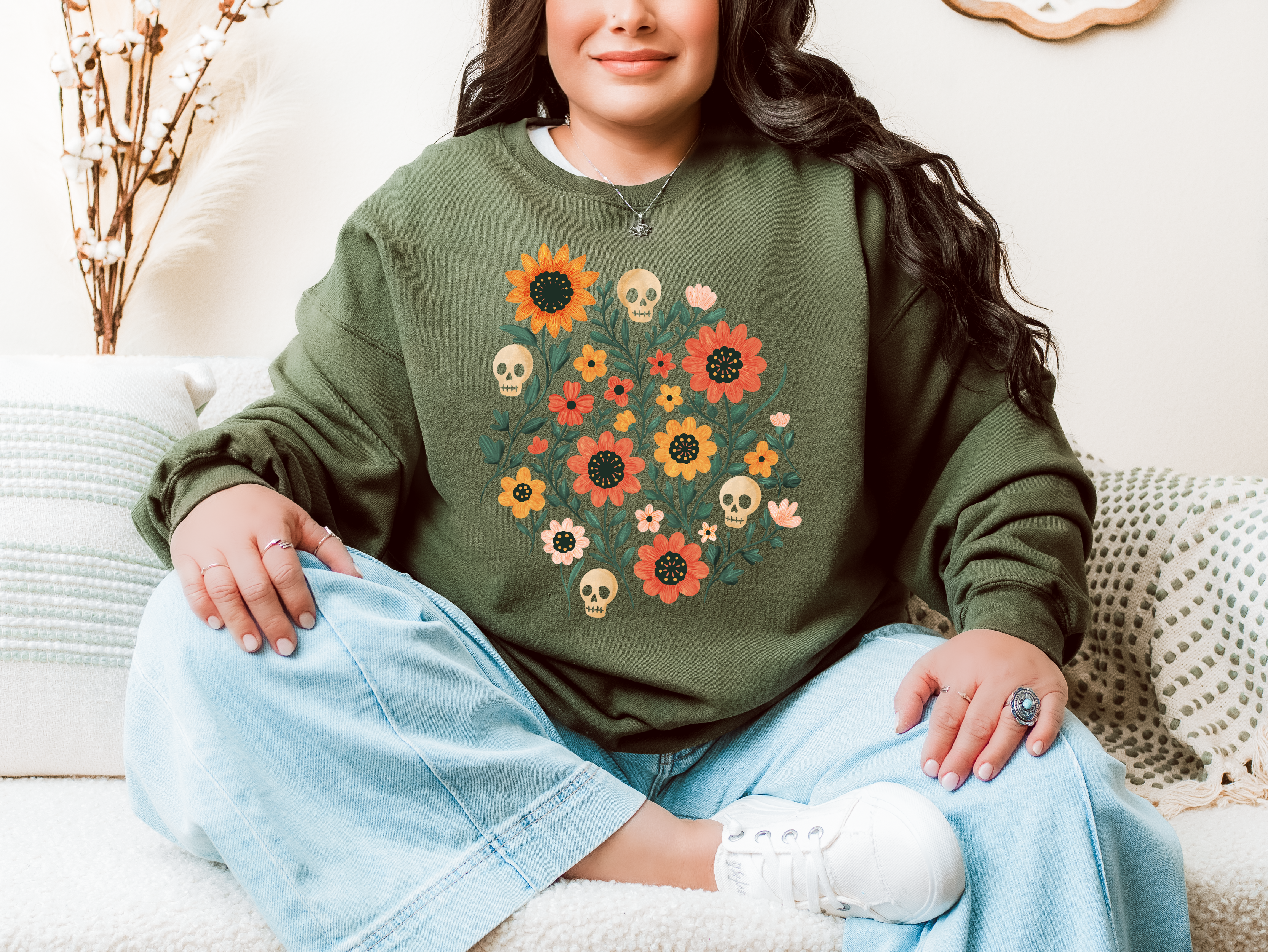 Floral Skull Crewneck Sweatshirt | Boho Fashion, Fall Style, Casual Wear, Unique Gifts for Her, Trendy Sweatshirt