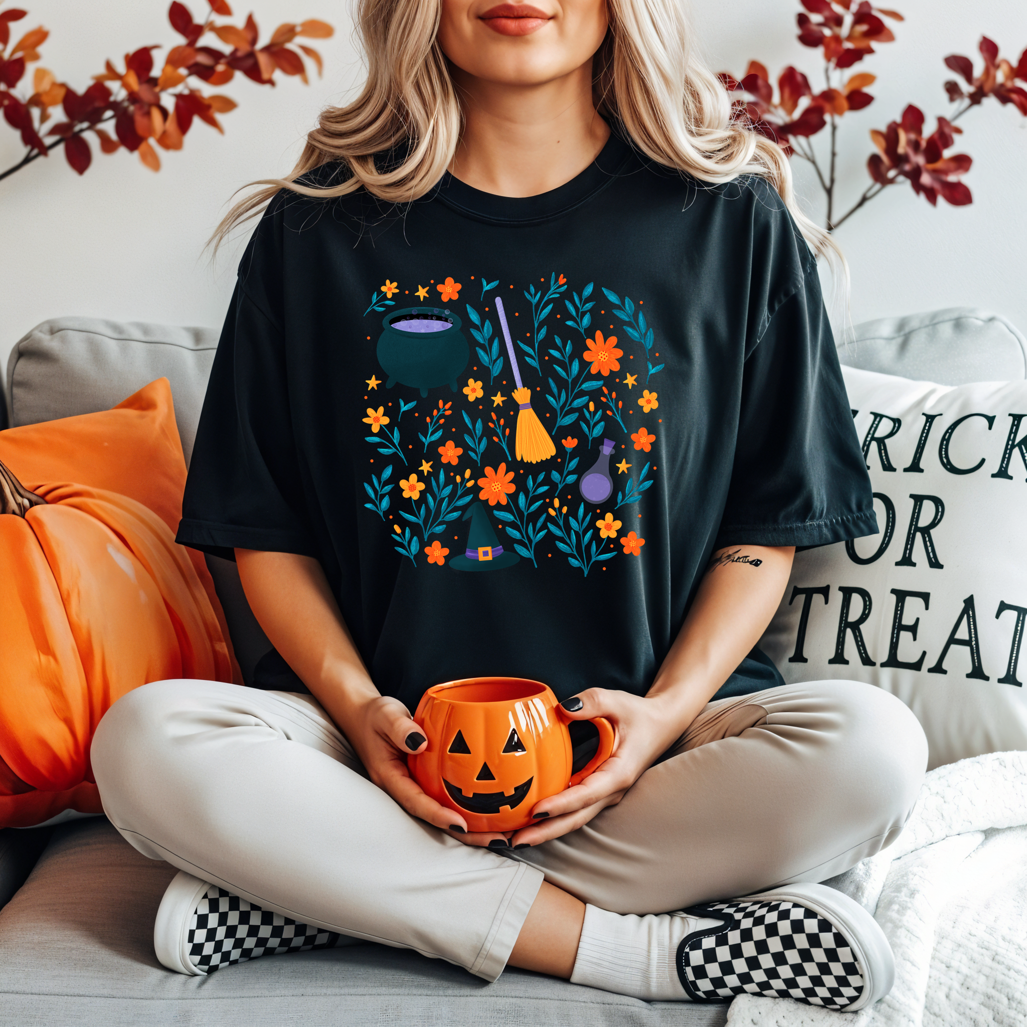 Witch's Brew & Blooms T-Shirt for Halloween, Unisex Casual Tee, Perfect for Fall Celebrations, Cozy Everyday Wear, Cute Gift Idea product thumbnail image Witch's Brew & Blooms T-Shirt for Halloween, Unisex Casual Tee, Perfect for Fall Celebrations, Cozy Everyday Wear, Cute Gift Idea product thumbnail image