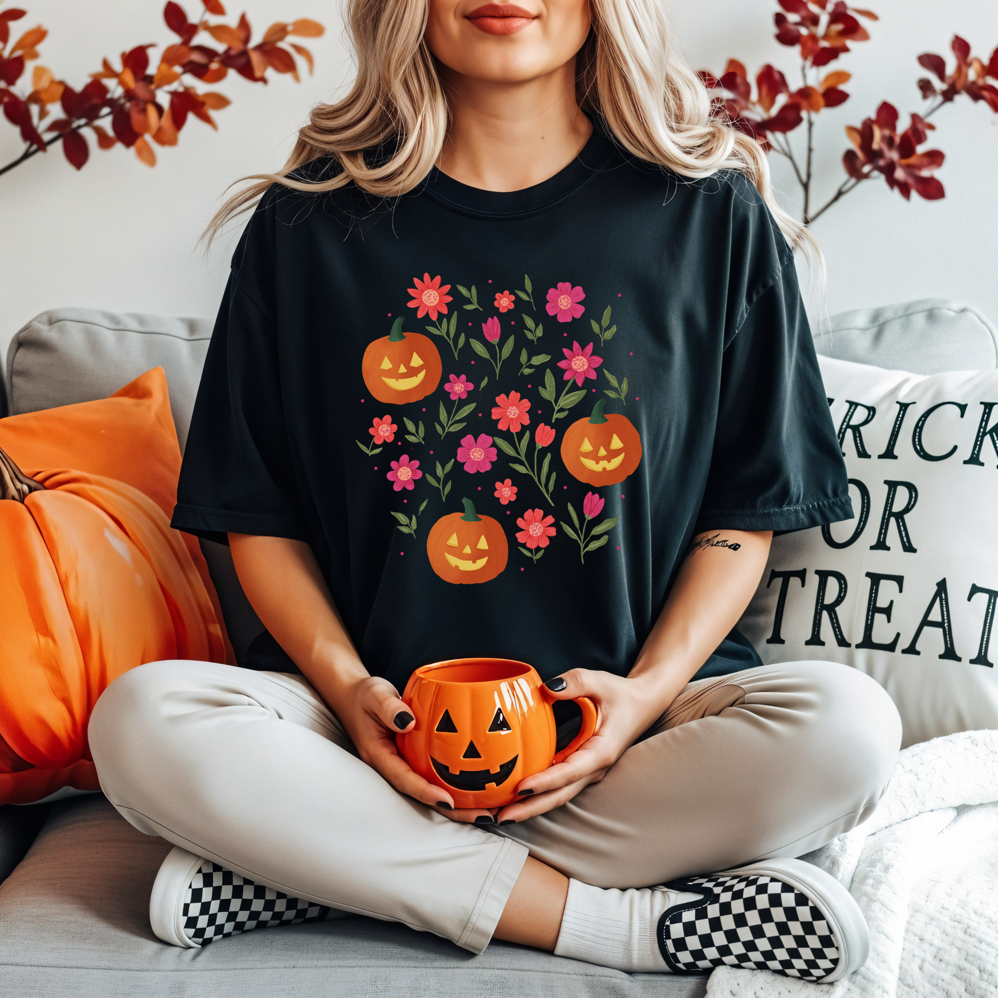 Pumpkin Patch Posies T-Shirt for Halloween, Unisex Casual Tee, Perfect for Fall Celebrations, Cozy Everyday Wear, Cute Gift Idea product thumbnail image Pumpkin Patch Posies T-Shirt for Halloween, Unisex Casual Tee, Perfect for Fall Celebrations, Cozy Everyday Wear, Cute Gift Idea product thumbnail image