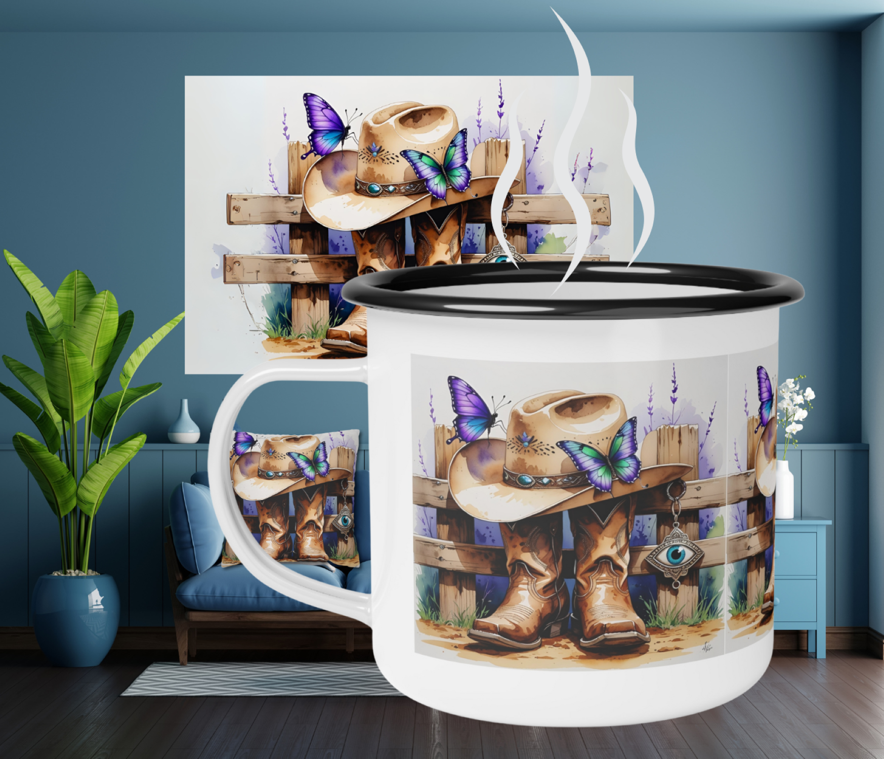 Rustic Cowboy Enamel Camp Cup with Hidden Evil Eye, Nature Lover Mug, Outdoor Adventure Drinkware, Western Decor Gift, Butterfly Design Cup product thumbnail image Rustic Cowboy Enamel Camp Cup with Hidden Evil Eye, Nature Lover Mug, Outdoor Adventure Drinkware, Western Decor Gift, Butterfly Design Cup product thumbnail image