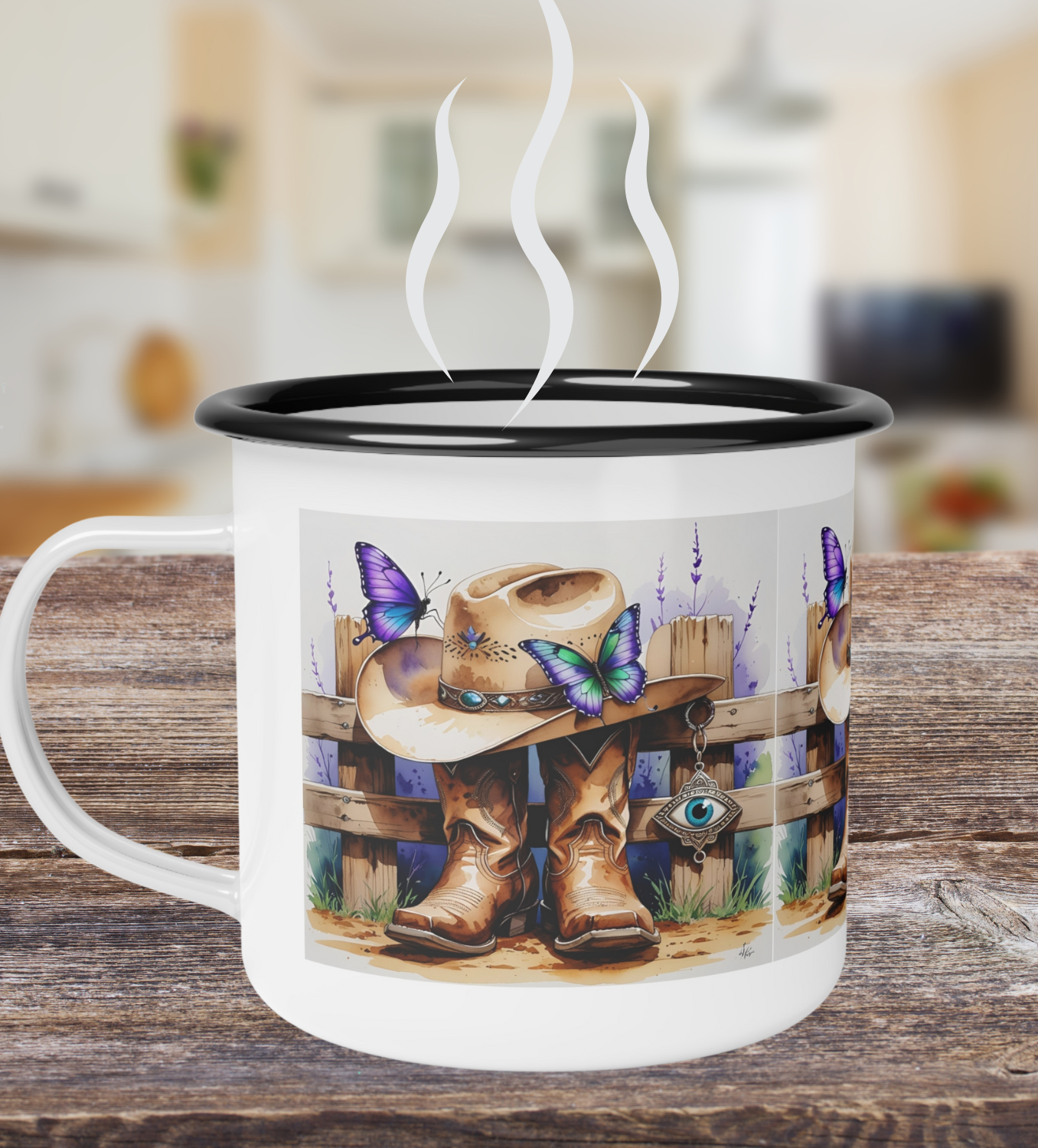 Rustic Cowboy Enamel Camp Cup with Hidden Evil Eye, Nature Lover Mug, Outdoor Adventure Drinkware, Western Decor Gift, Butterfly Design Cup product thumbnail image