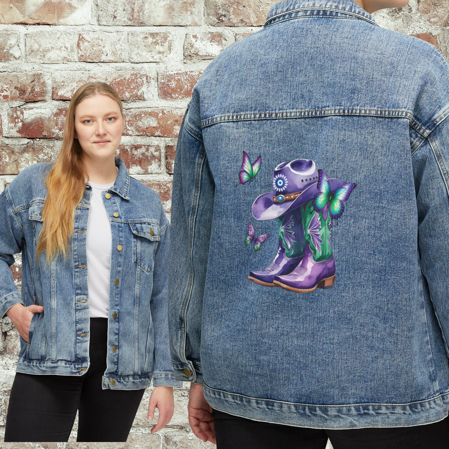 Western Butterfly Denim Jacket with Hidden Evil Eye, Vintage Style Outerwear, Casual Fashion, Gift for Her, Summer Layering product thumbnail image Western Butterfly Denim Jacket with Hidden Evil Eye, Vintage Style Outerwear, Casual Fashion, Gift for Her, Summer Layering product thumbnail image