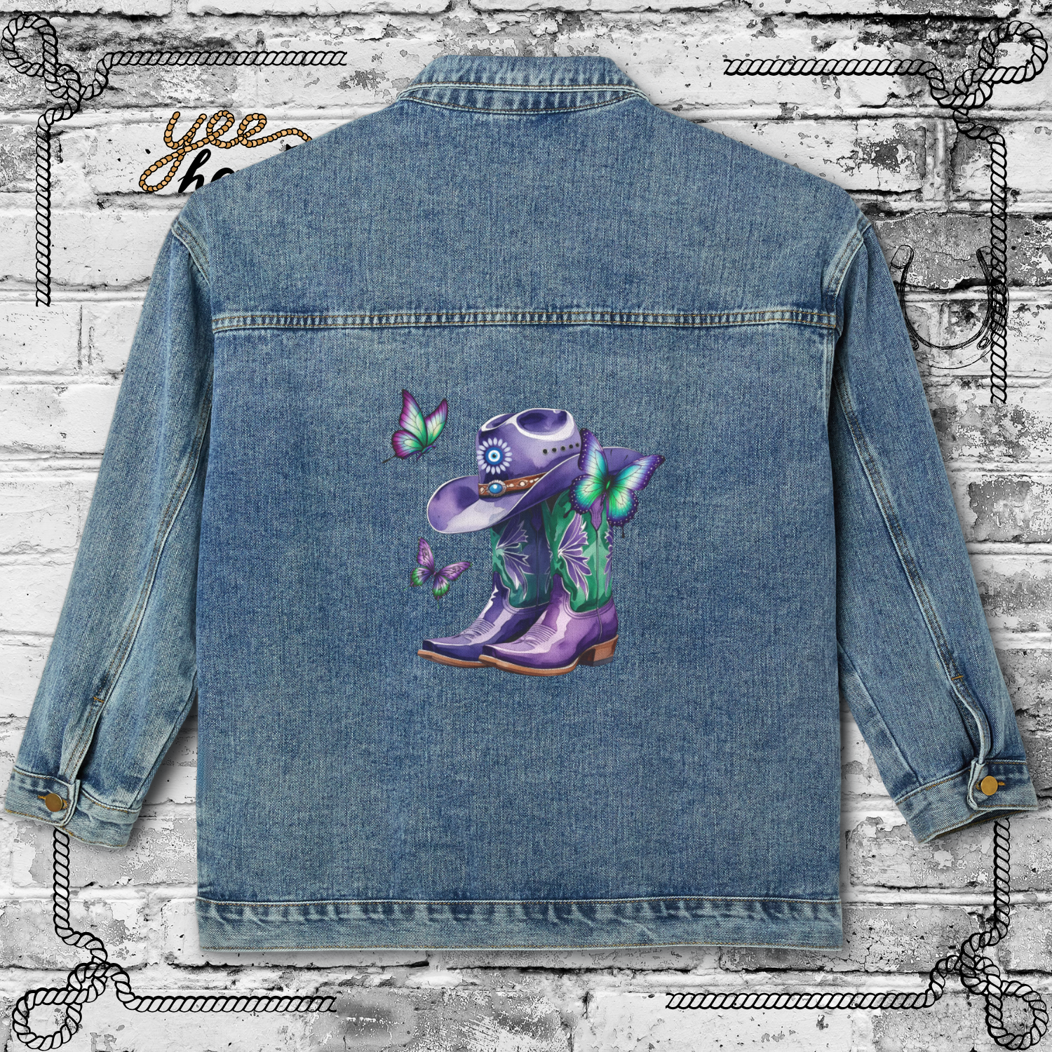 Western Butterfly Denim Jacket with Hidden Evil Eye, Vintage Style Outerwear, Casual Fashion, Gift for Her, Summer Layering product thumbnail image Western Butterfly Denim Jacket with Hidden Evil Eye, Vintage Style Outerwear, Casual Fashion, Gift for Her, Summer Layering product thumbnail image