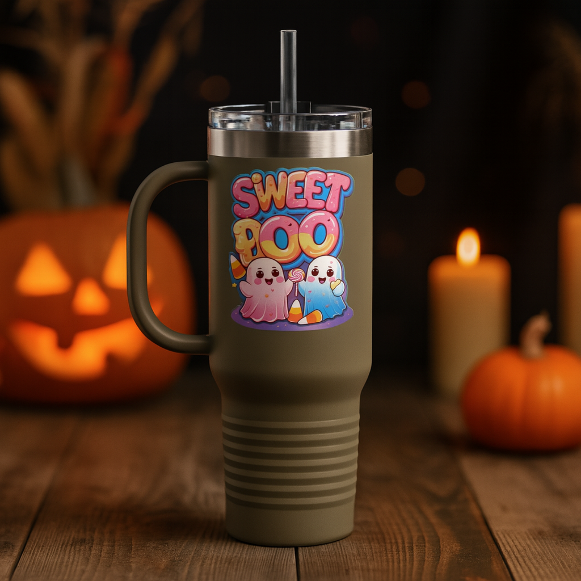 Sweet Boo 40oz Travel Mug Cute Halloween Ghost Tumbler with Handle | Spooky Season Candy Corn Cup | Insulated Stainless Steel Coffee Mug product thumbnail image Sweet Boo 40oz Travel Mug Cute Halloween Ghost Tumbler with Handle | Spooky Season Candy Corn Cup | Insulated Stainless Steel Coffee Mug product thumbnail image