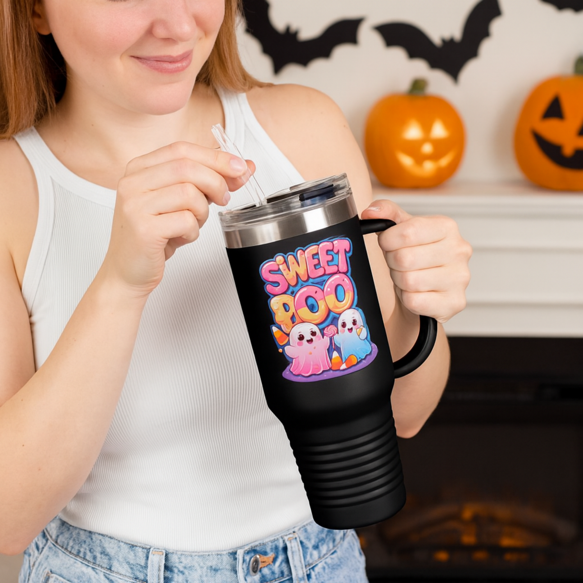 Sweet Boo 40oz Travel Mug Cute Halloween Ghost Tumbler with Handle | Spooky Season Candy Corn Cup | Insulated Stainless Steel Coffee Mug product thumbnail image Sweet Boo 40oz Travel Mug Cute Halloween Ghost Tumbler with Handle | Spooky Season Candy Corn Cup | Insulated Stainless Steel Coffee Mug product thumbnail image