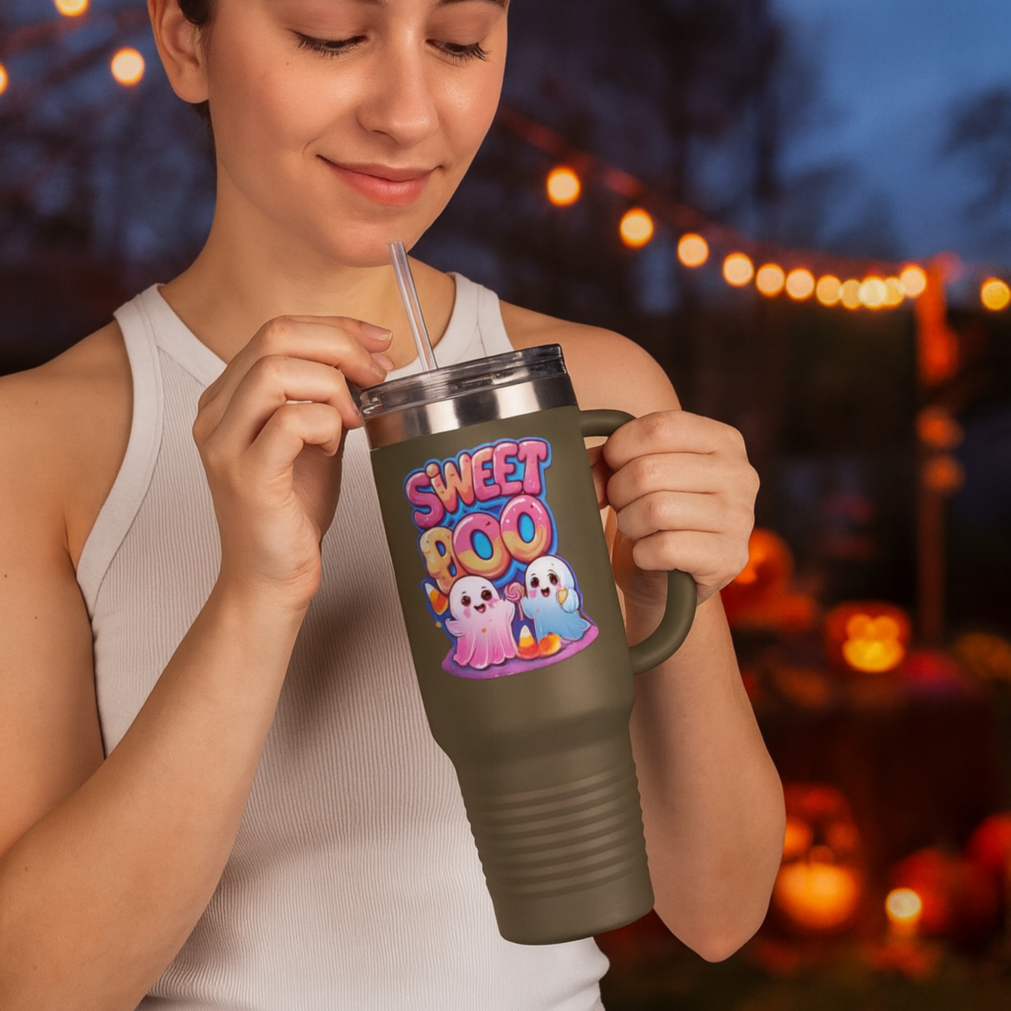 Sweet Boo 40oz Travel Mug Cute Halloween Ghost Tumbler with Handle | Spooky Season Candy Corn Cup | Insulated Stainless Steel Coffee Mug product thumbnail image Sweet Boo 40oz Travel Mug Cute Halloween Ghost Tumbler with Handle | Spooky Season Candy Corn Cup | Insulated Stainless Steel Coffee Mug product thumbnail image