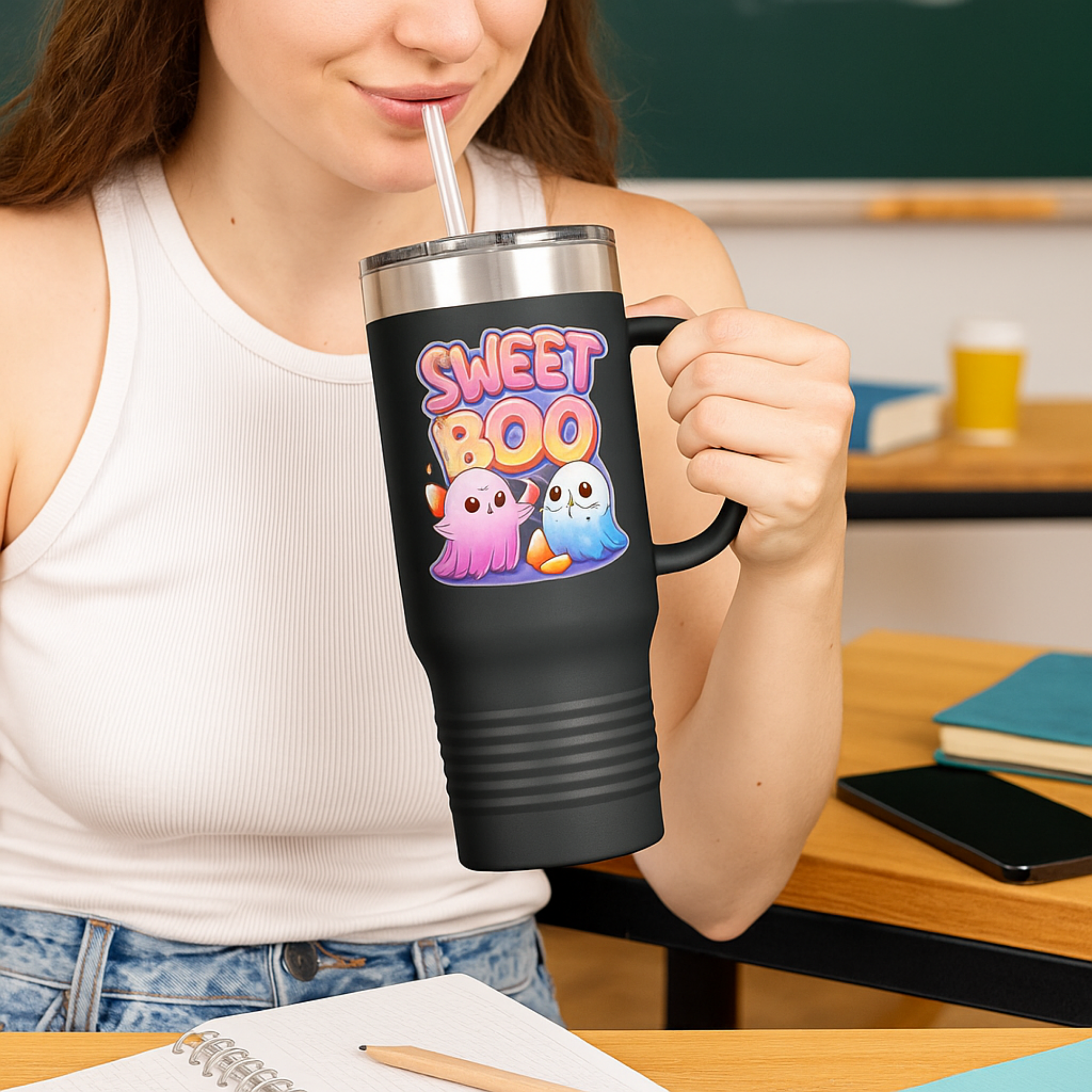 Sweet Boo 40oz Travel Mug Cute Halloween Ghost Tumbler with Handle | Spooky Season Candy Corn Cup | Insulated Stainless Steel Coffee Mug product thumbnail image Sweet Boo 40oz Travel Mug Cute Halloween Ghost Tumbler with Handle | Spooky Season Candy Corn Cup | Insulated Stainless Steel Coffee Mug product thumbnail image