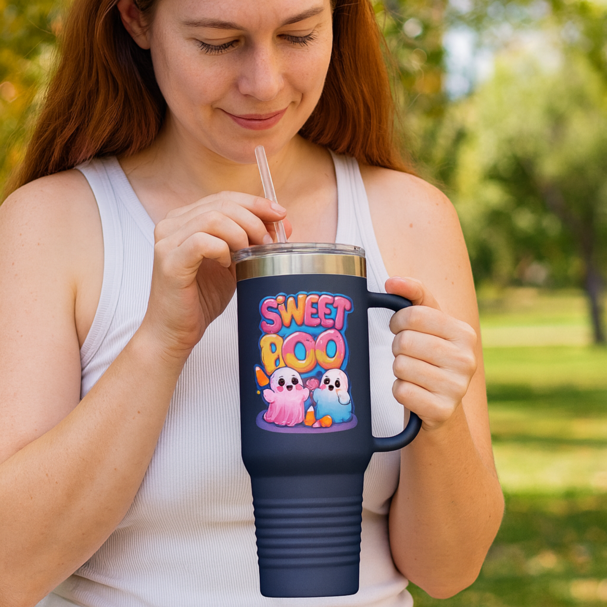 Sweet Boo 40oz Travel Mug Cute Halloween Ghost Tumbler with Handle | Spooky Season Candy Corn Cup | Insulated Stainless Steel Coffee Mug product thumbnail image Sweet Boo 40oz Travel Mug Cute Halloween Ghost Tumbler with Handle | Spooky Season Candy Corn Cup | Insulated Stainless Steel Coffee Mug product thumbnail image