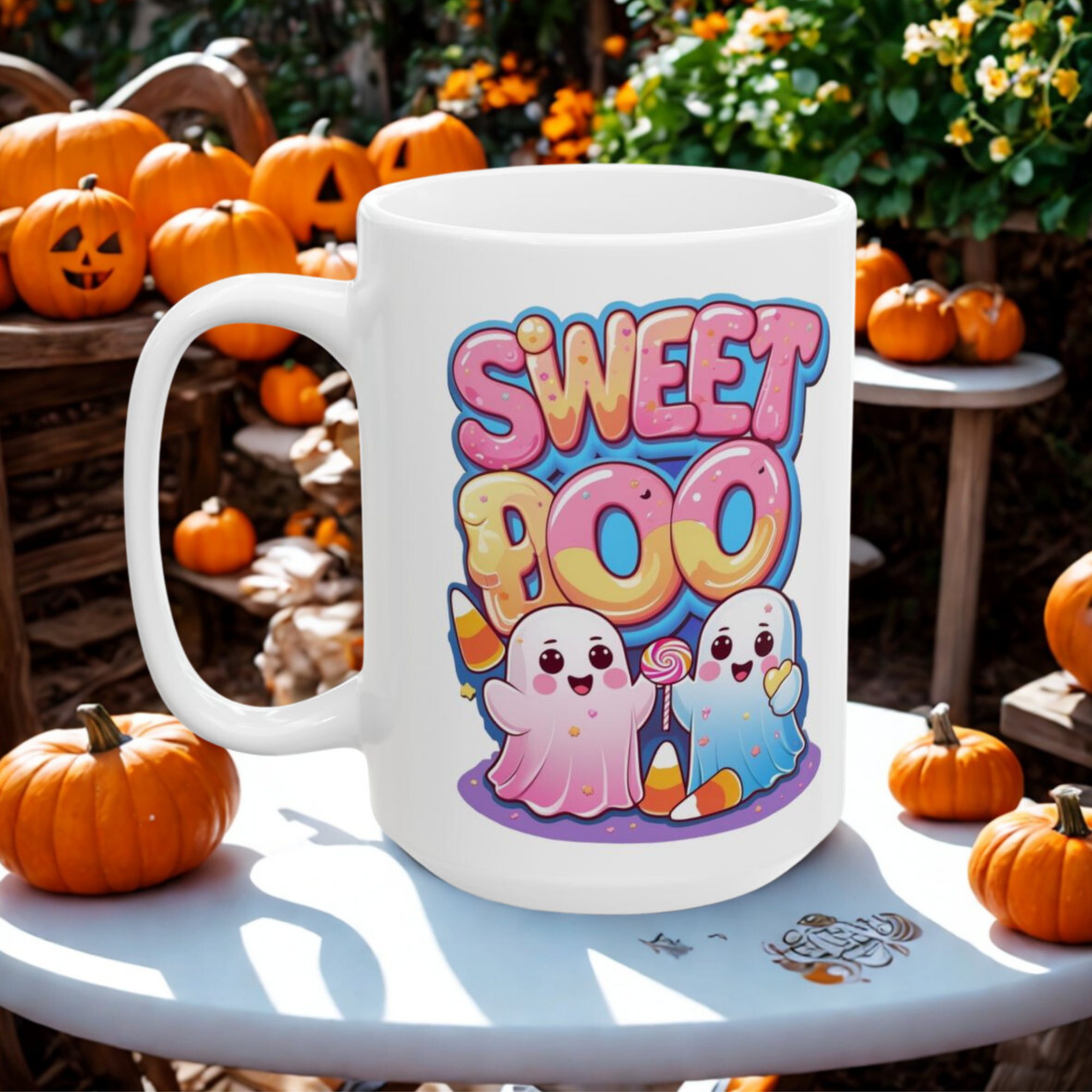 Sweet Boo Halloween Coffee Mug Cute Kawaii Ghosts with Candy Corn Lollipop White Ceramic Mug Spooky Cute Drinkware Fun Back to School Gift product thumbnail image Sweet Boo Halloween Coffee Mug Cute Kawaii Ghosts with Candy Corn Lollipop White Ceramic Mug Spooky Cute Drinkware Fun Back to School Gift product thumbnail image