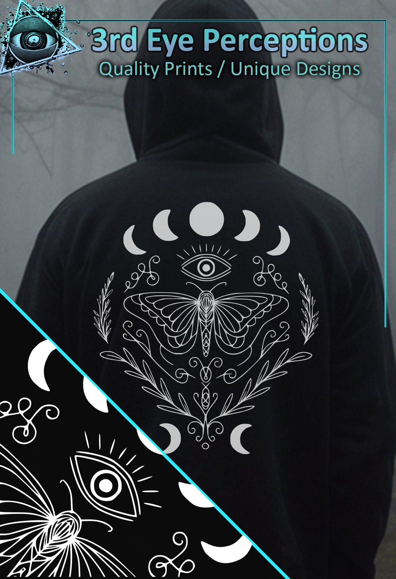 Gothic Butterfly Moon Phases Graphic White Back Print ( Unisex Heavy Blendâ„¢ Hooded ) product thumbnail image Gothic Butterfly Moon Phases Graphic White Back Print ( Unisex Heavy Blendâ„¢ Hooded ) product thumbnail image