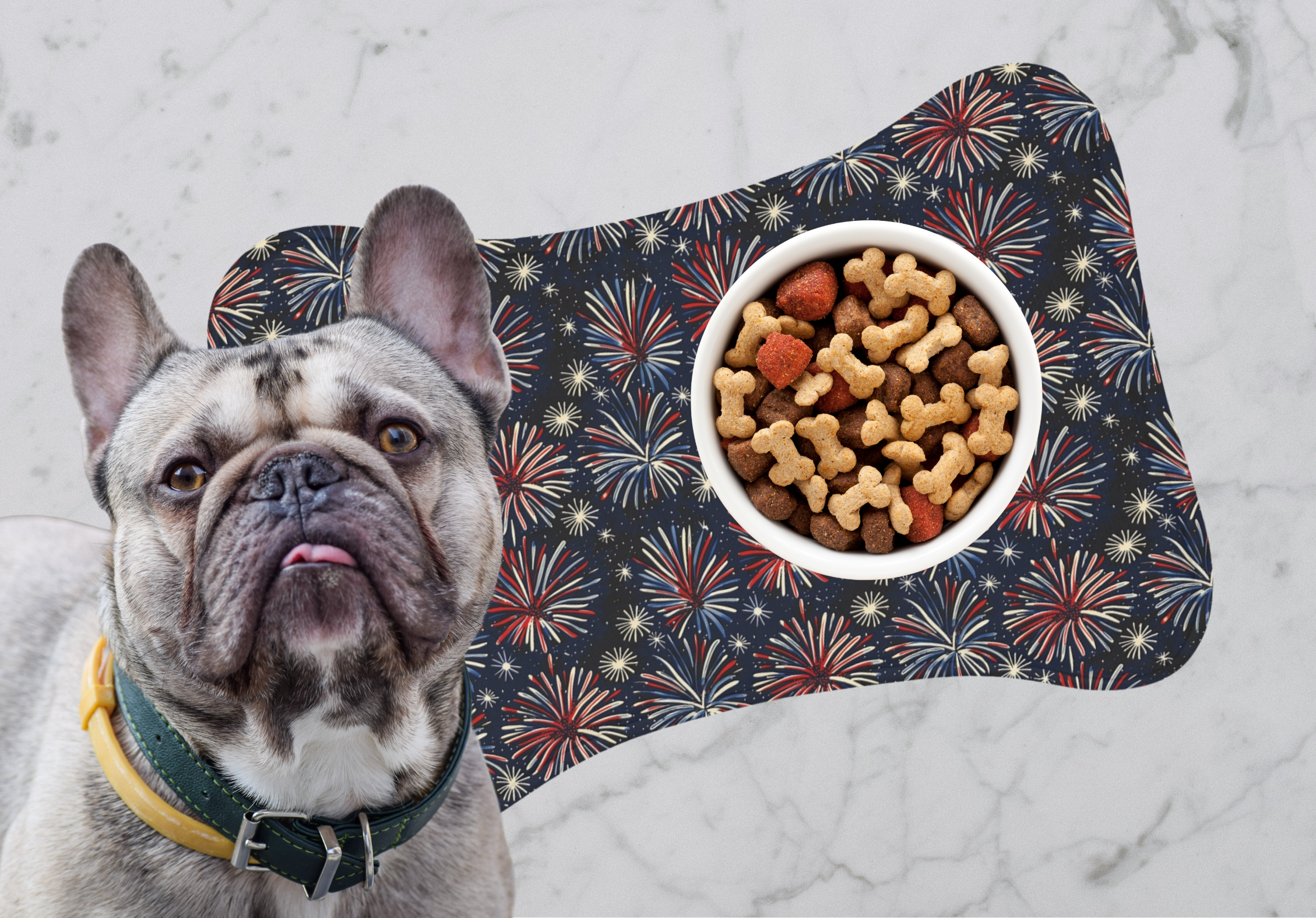 🎆 Patriotic Frenchie Fireworks Bone-Shaped Feeding Mat – Red, White &amp; Blue Mealtime Fun | 2 Sizes product thumbnail image
