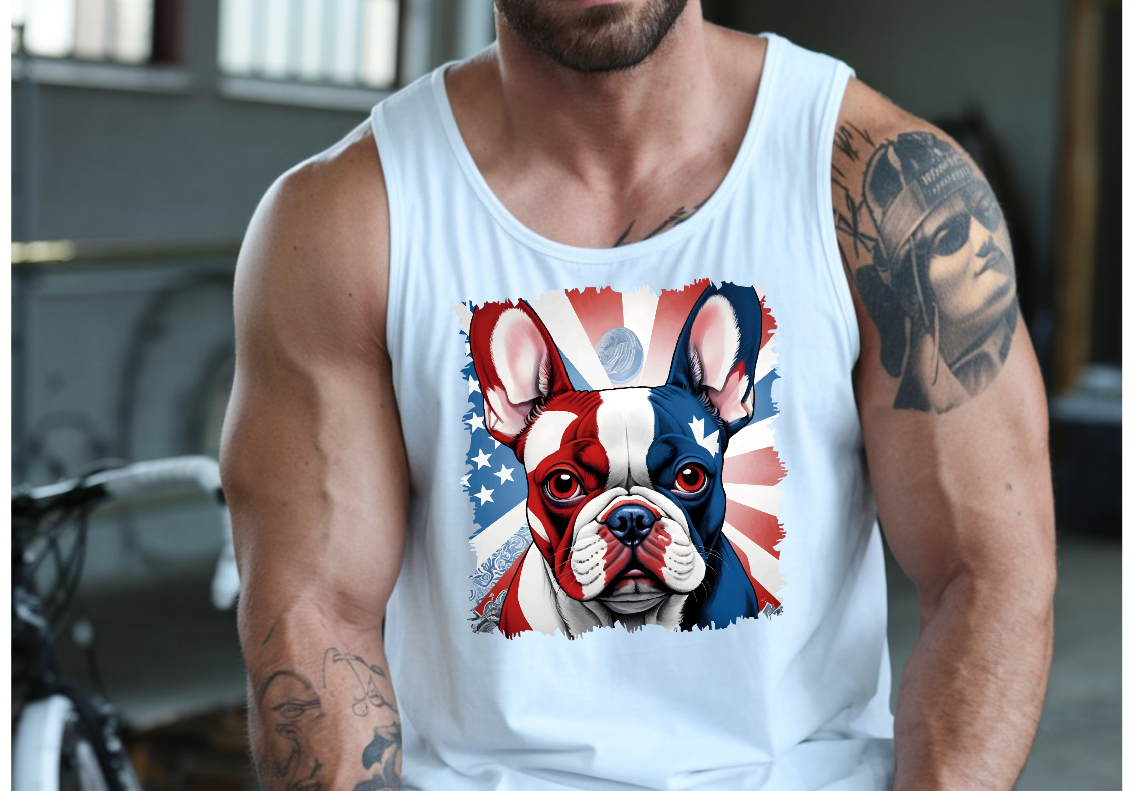 🥐 French Bulldog Patriotic Tank Top – Red, White, and Blue Unisex Stars, Stripes &amp; Snorts Shirt