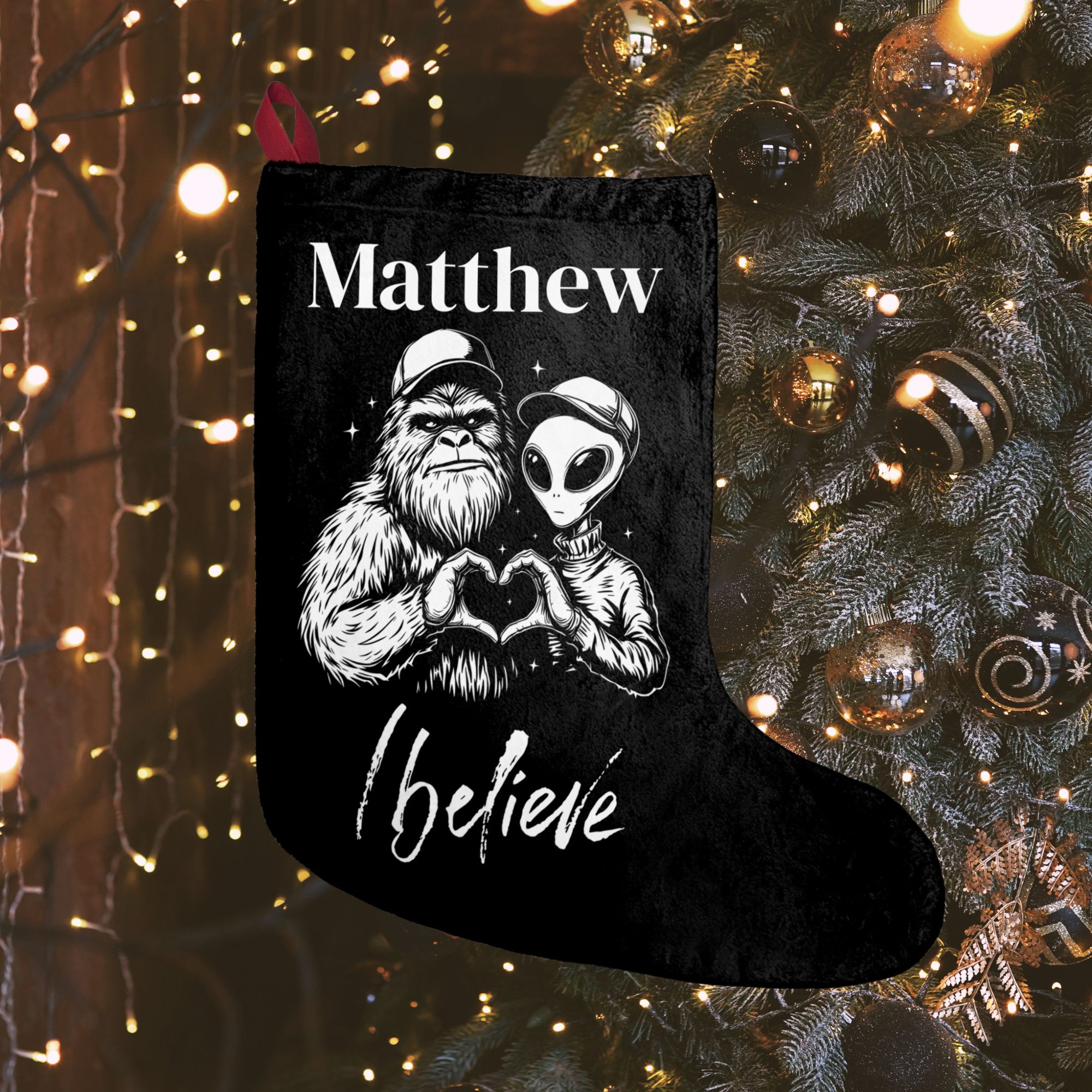 Personalized Bigfoot and Alien Christmas Stocking