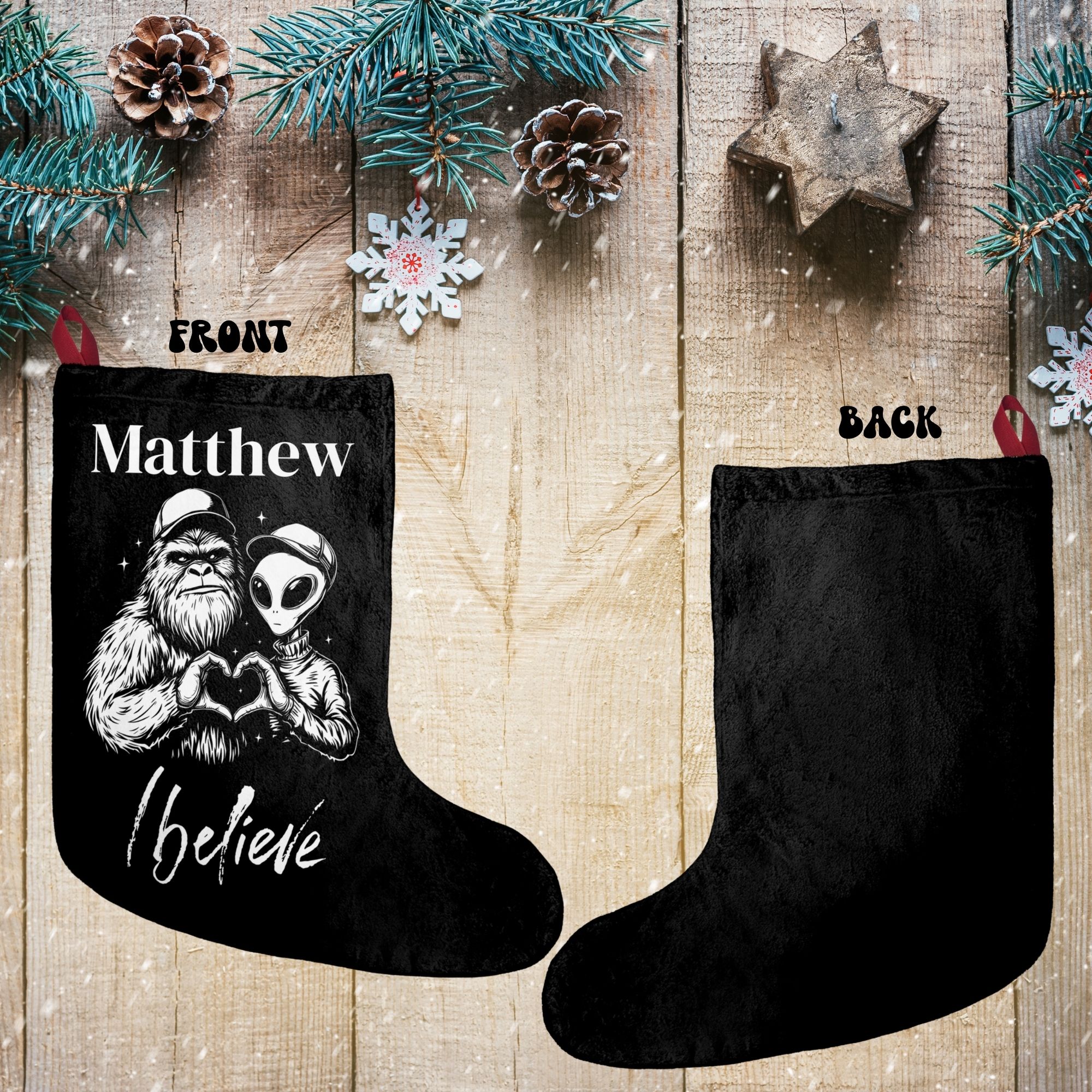 Personalized Bigfoot and Alien Christmas Stocking product thumbnail image