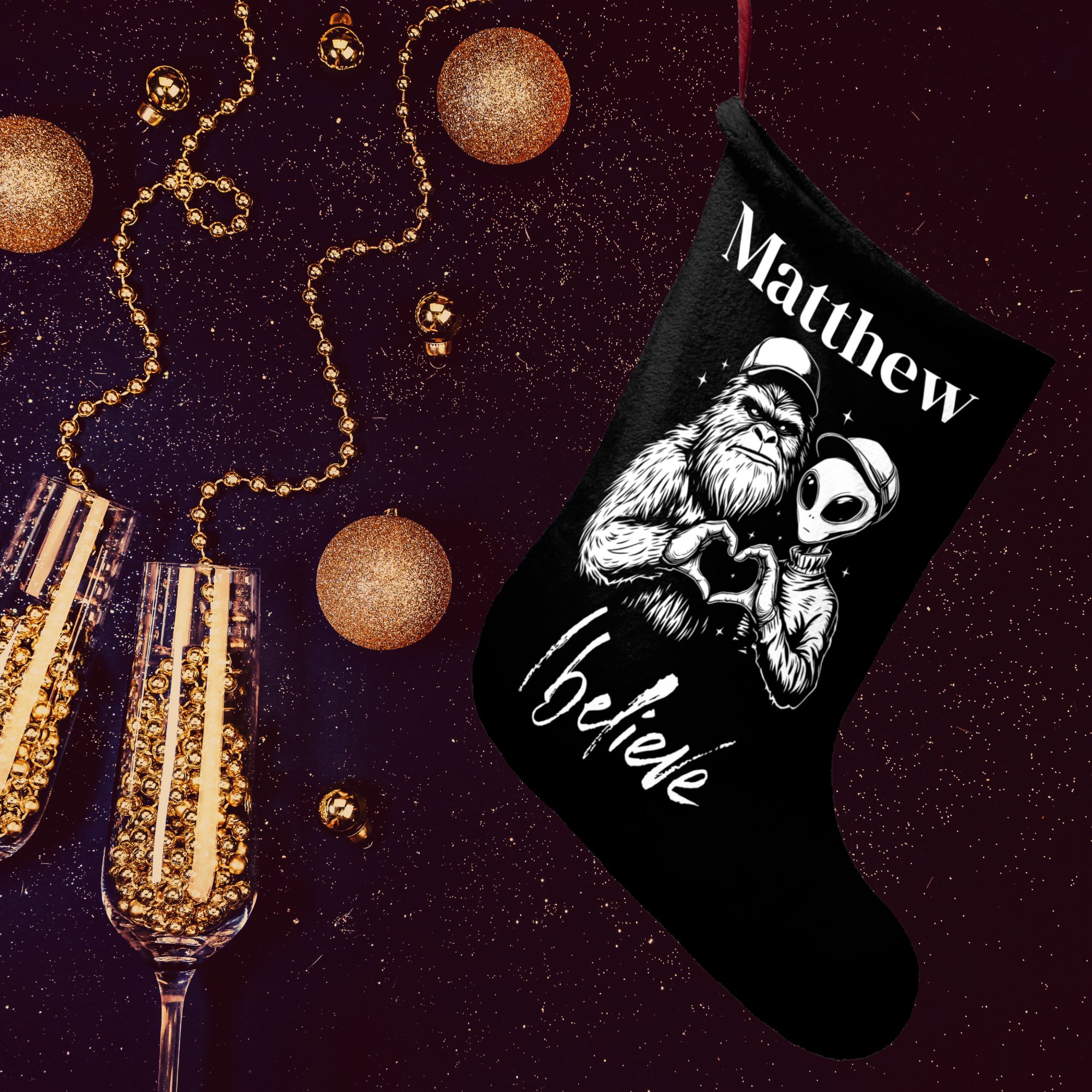Personalized Bigfoot and Alien Christmas Stocking product thumbnail image