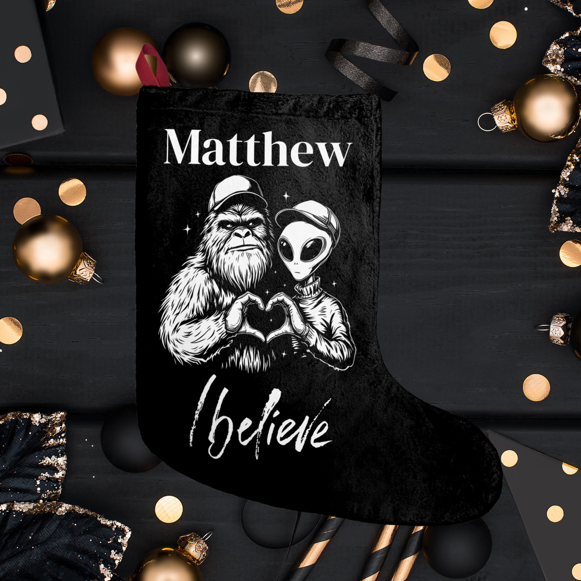 Personalized Bigfoot and Alien Christmas Stocking product thumbnail image