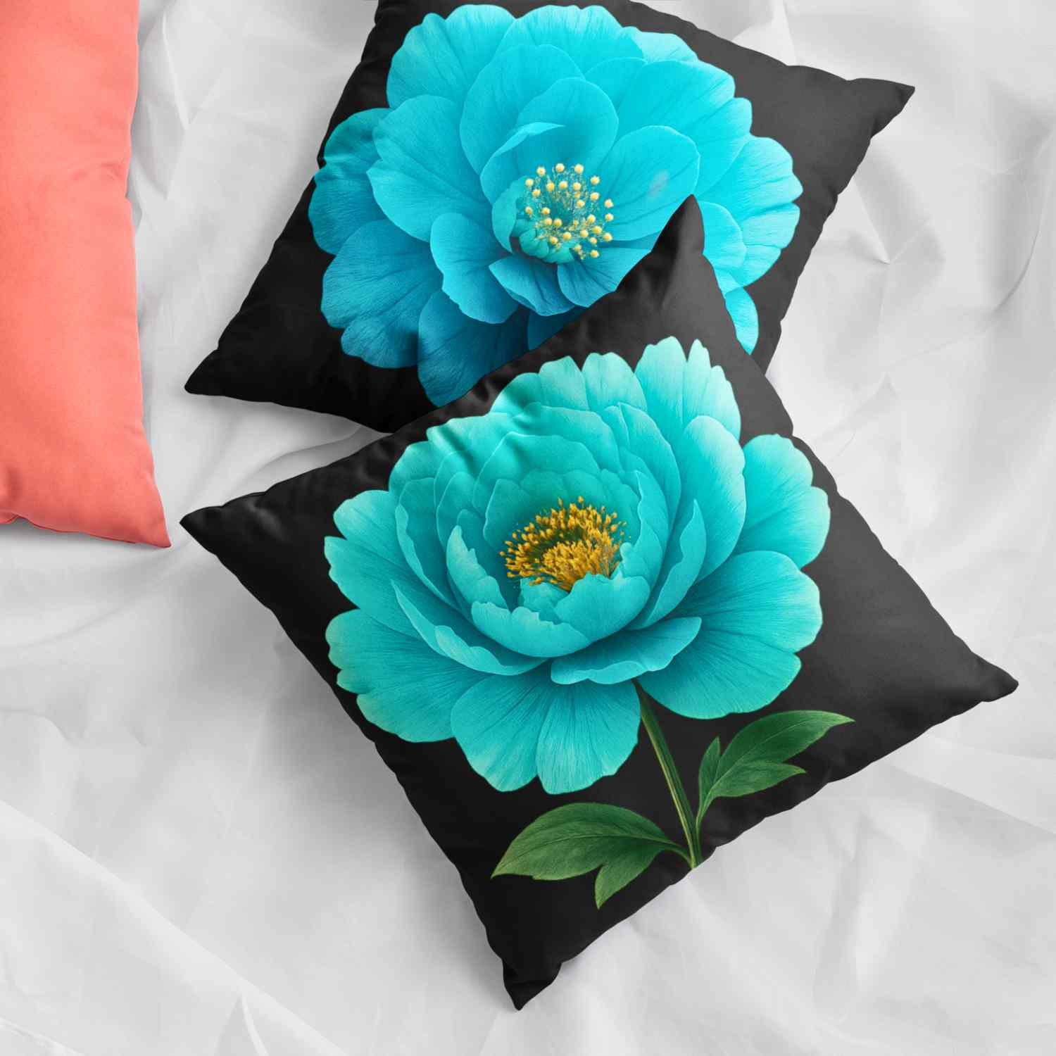 Turquoise Floral Pillow Cover – Two-Sided Blue Green Flower Accent Cushion, Decorative Throw Pillow for Couch, Sofa or Bedroom Décor, Gift Idea. product thumbnail image