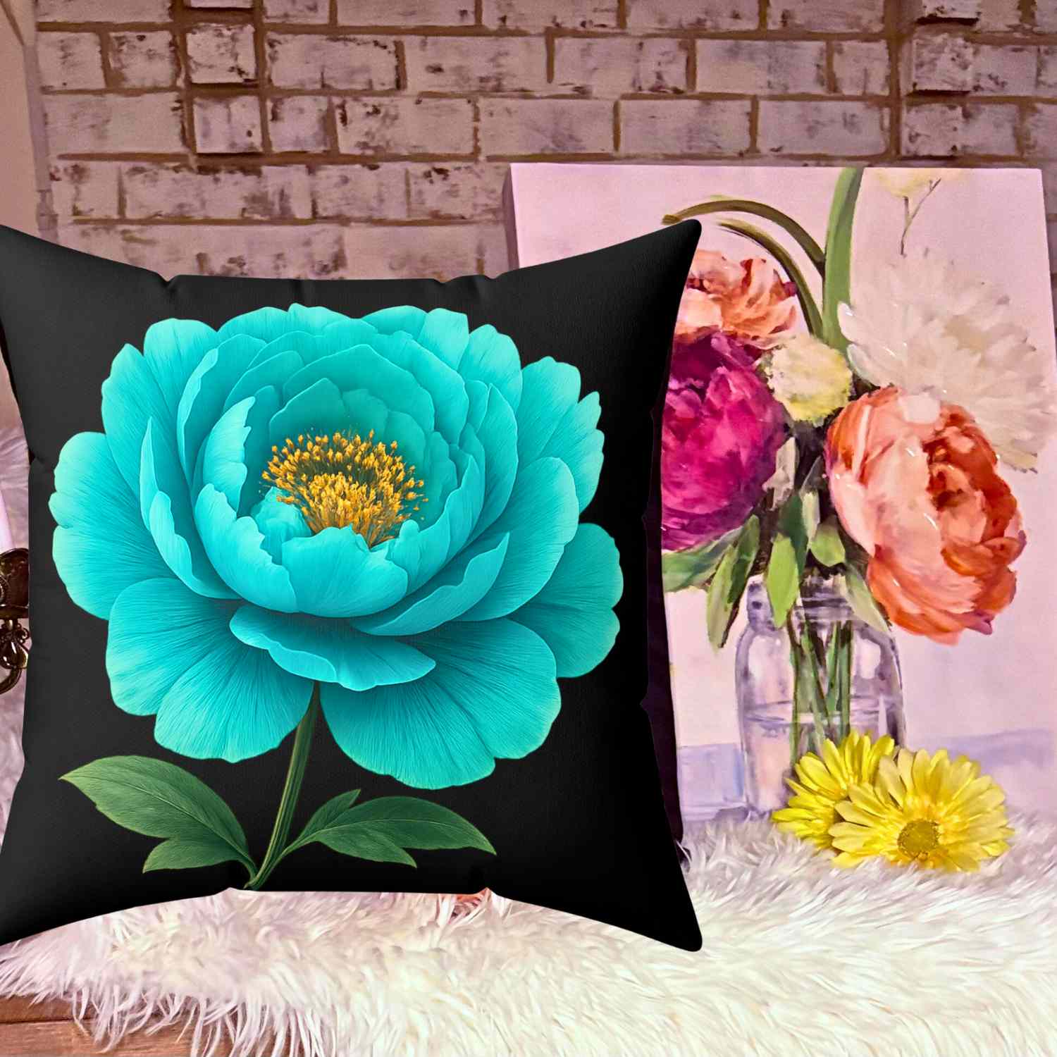 Turquoise Floral Pillow Cover – Two-Sided Blue Green Flower Accent Cushion, Decorative Throw Pillow for Couch, Sofa or Bedroom Décor, Gift Idea. product thumbnail image