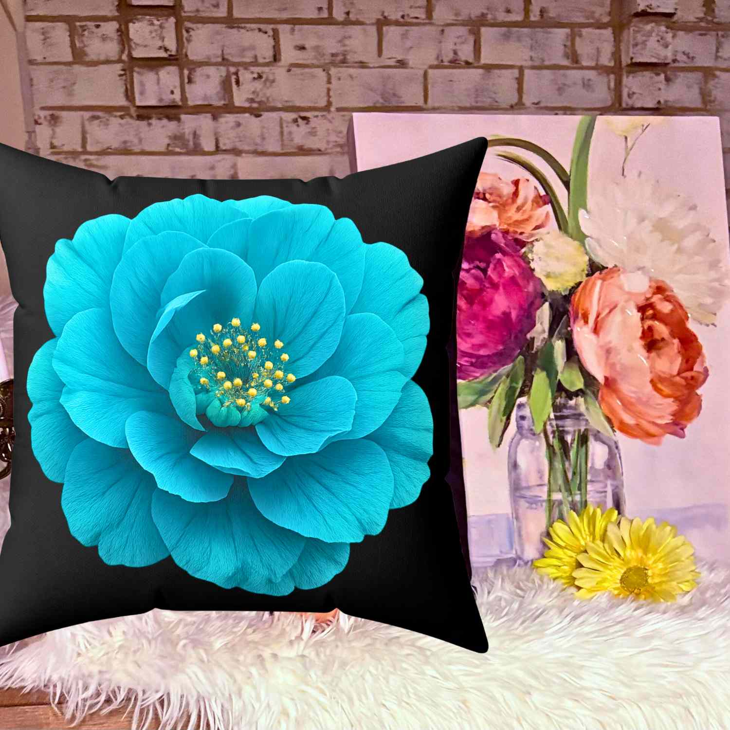 Turquoise Floral Pillow Cover – Two-Sided Blue Green Flower Accent Cushion, Decorative Throw Pillow for Couch, Sofa or Bedroom Décor, Gift Idea. product thumbnail image