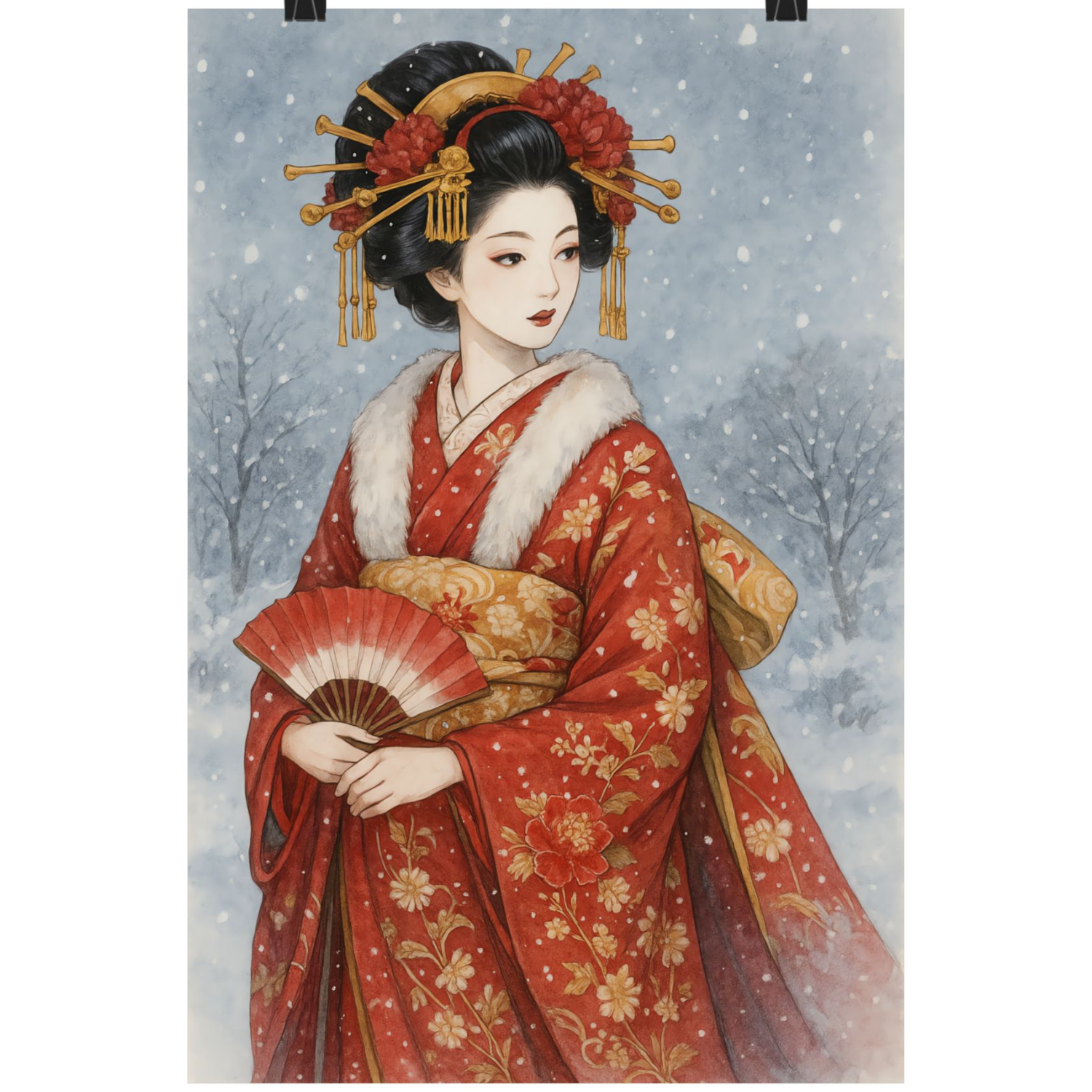 Winter Oiran – Japanese Snow Scene Watercolor Art – Kimono Geisha Wall Poster｜Elegant Wall Art, Home Office Decoration, Gift for Art Lovers