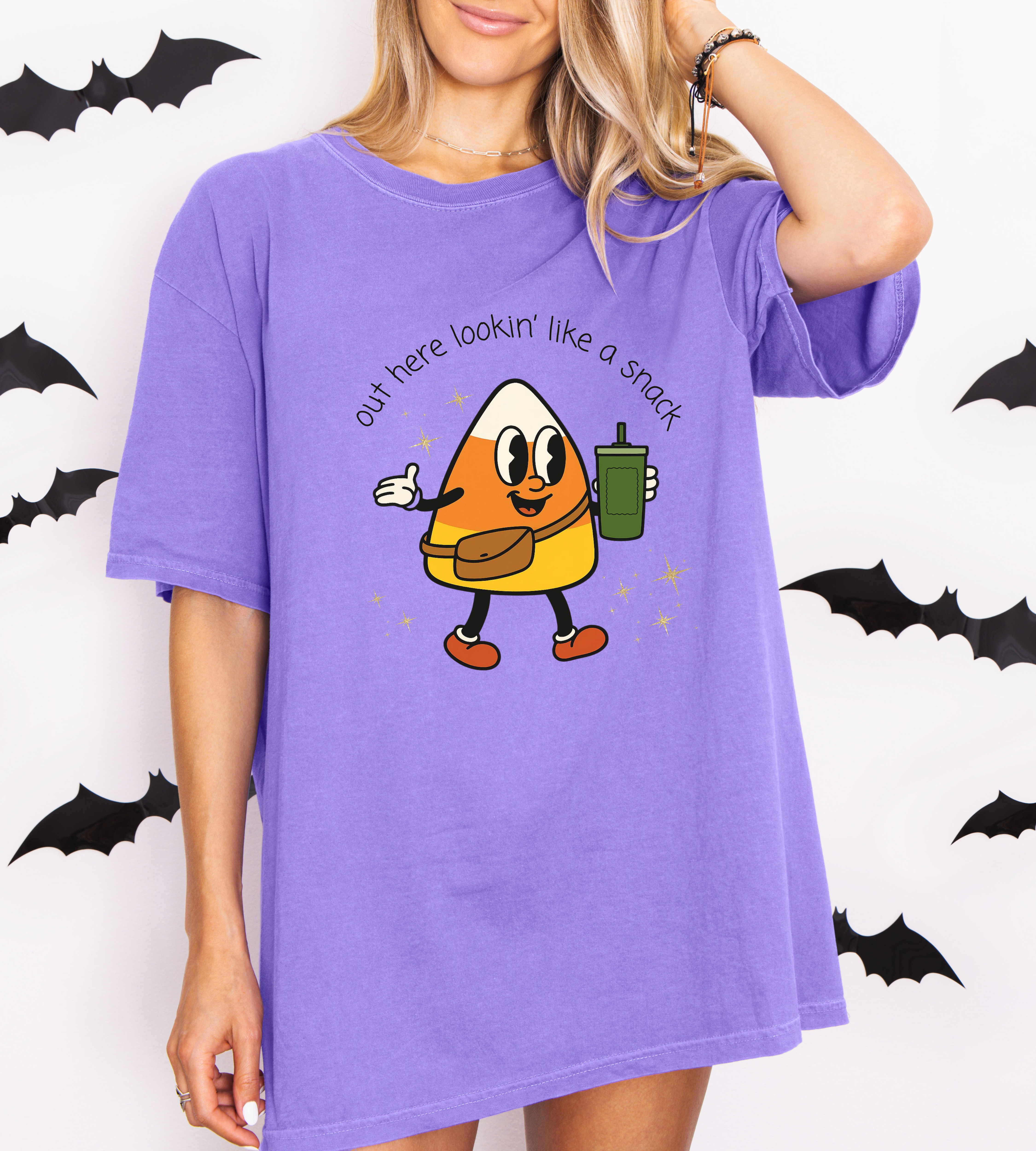 Funny Candy Corn Halloween Shirt – Out Here Lookin’ Like a Snack Graphic Tee, Cute Fall T-Shirt for Women, Oversized Trendy Spooky Season Top