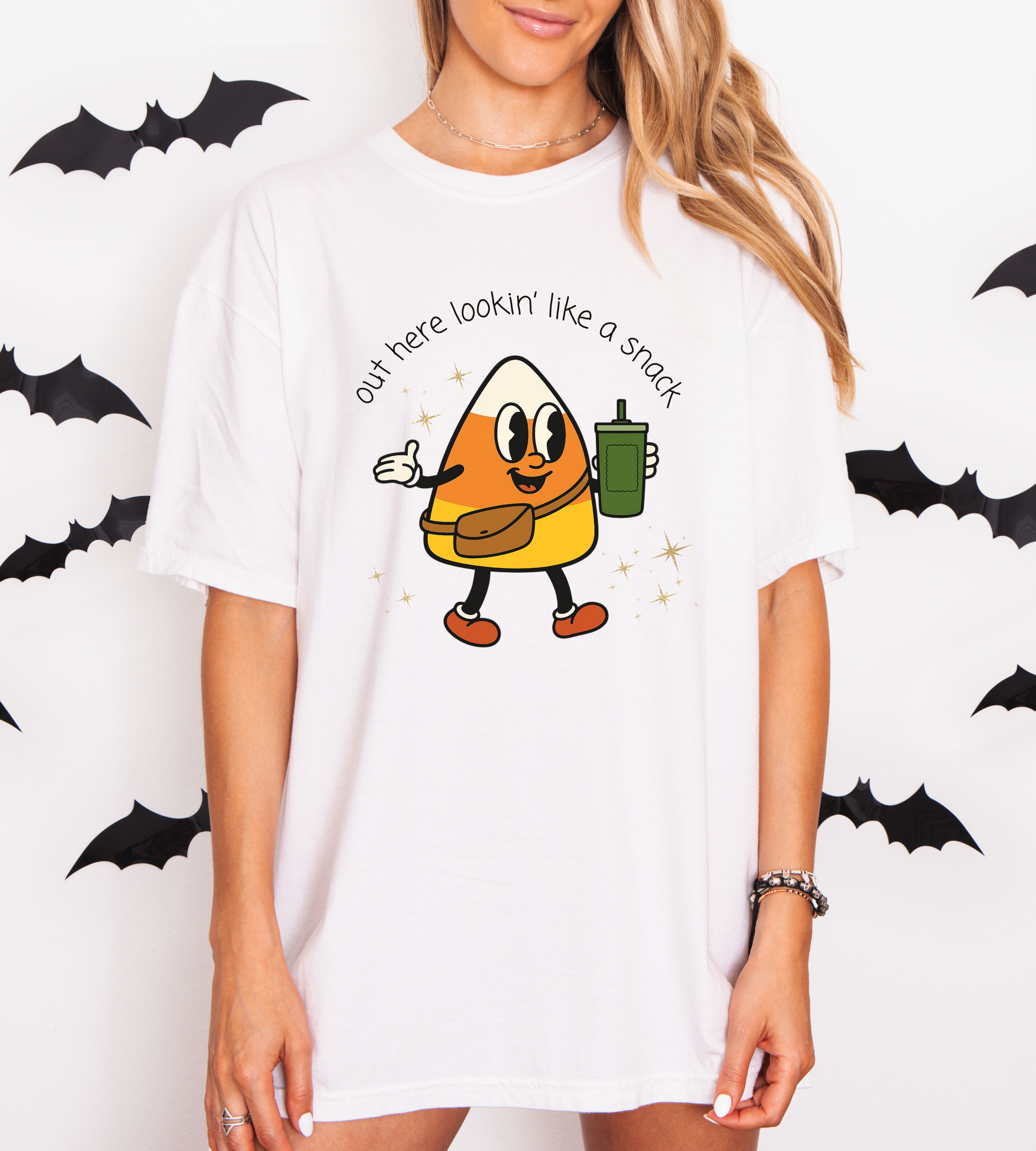 Funny Candy Corn Halloween Shirt – Out Here Lookin’ Like a Snack Graphic Tee, Cute Fall T-Shirt for Women, Oversized Trendy Spooky Season Top product thumbnail image