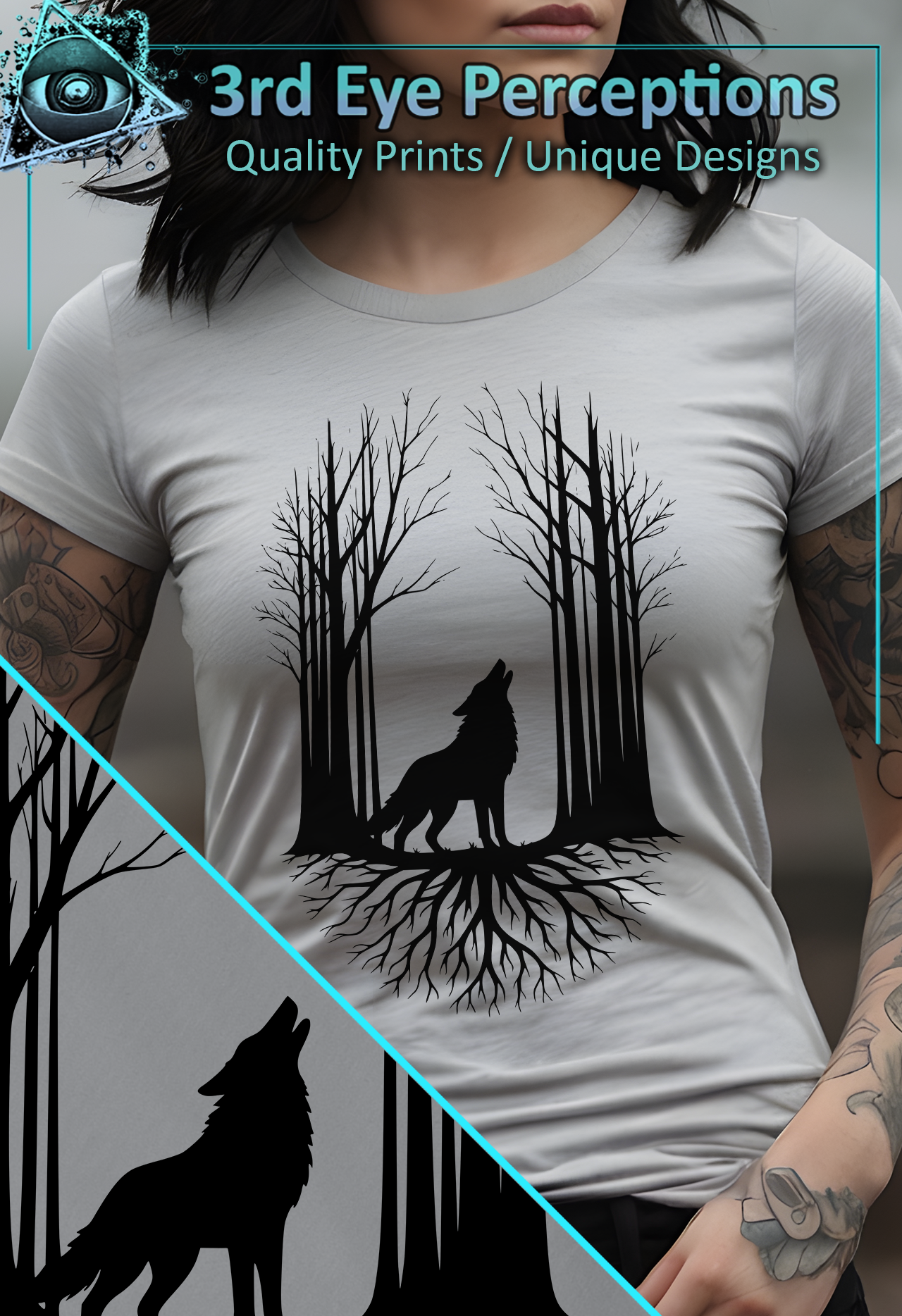 Wolf Howling Forest Roots Graphic Design Black | Womens Softstyle Shirt product thumbnail image Wolf Howling Forest Roots Graphic Design Black | Womens Softstyle Shirt product thumbnail image