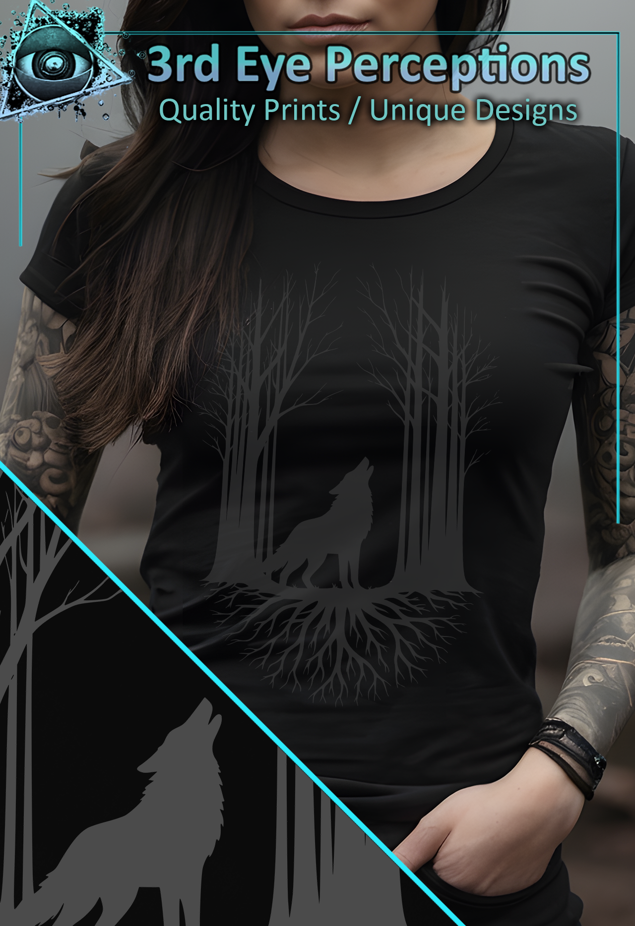 Wolf Howling Forest Roots Graphic Design Grey | Womens Softstyle Shirt